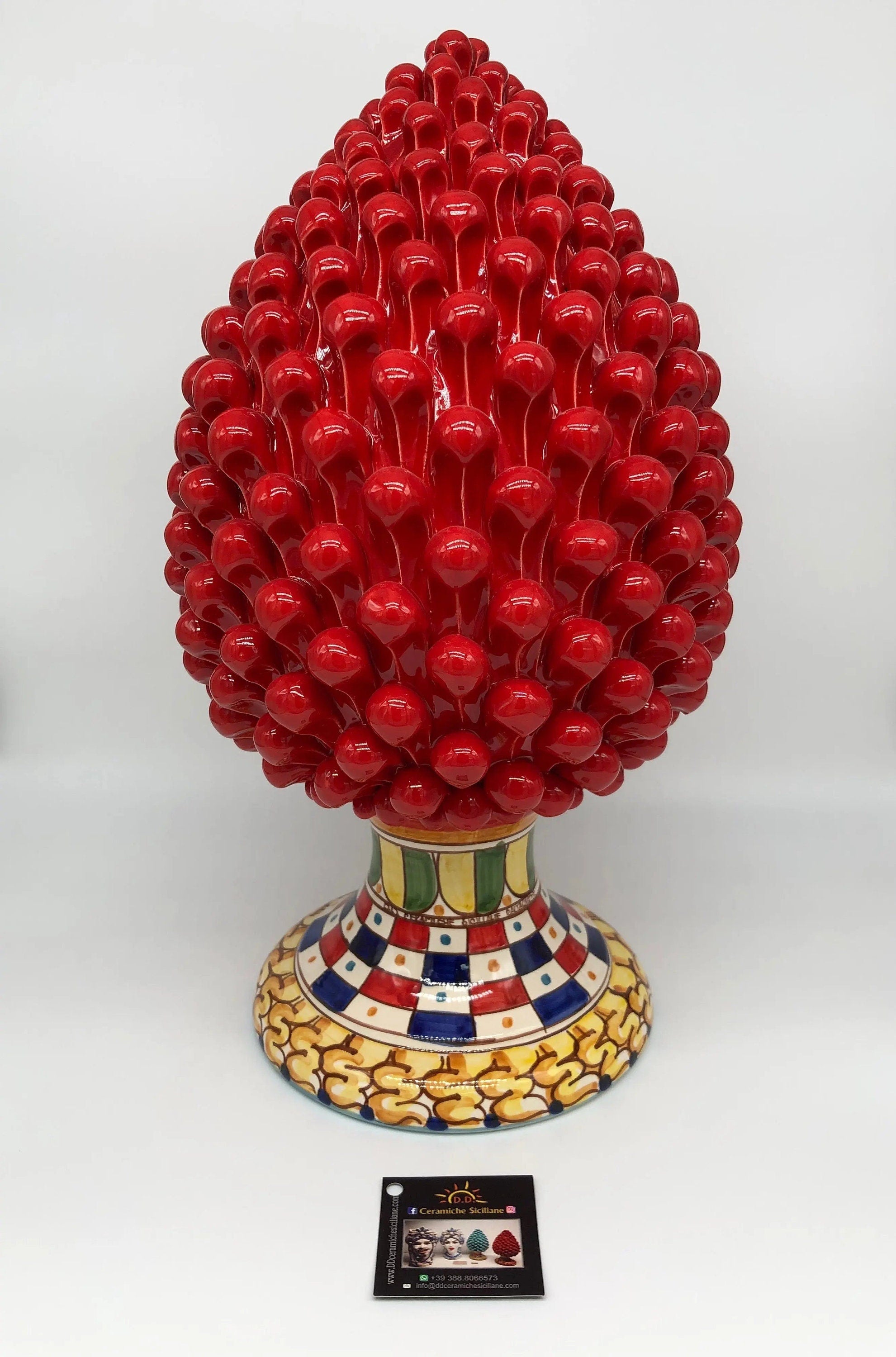 Pigna Ceramica Caltagirone cm H.40 Artigianale Rosso Base Decorata 2021 DD CERAMICHE SICILIANE