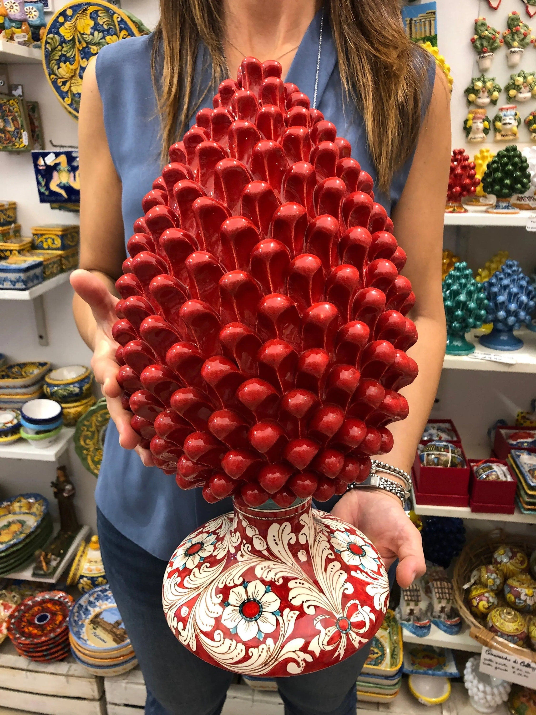 Pigna Ceramica Caltagirone cm H.40 Artigianale Rosso Base Decorata DD CERAMICHE SICILIANE