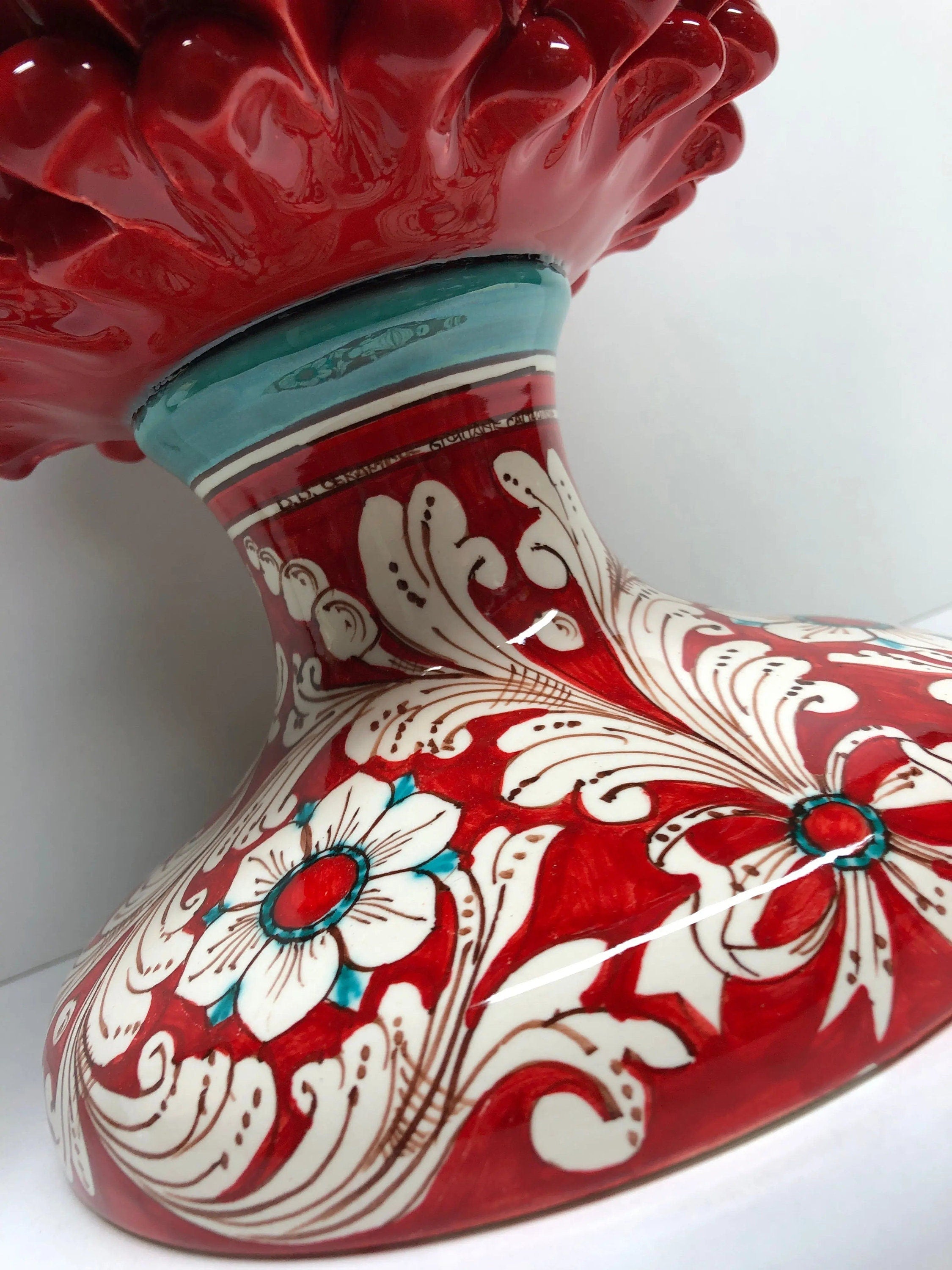 Pigna Ceramica Caltagirone cm H.40 Artigianale Rosso Base Decorata DD CERAMICHE SICILIANE