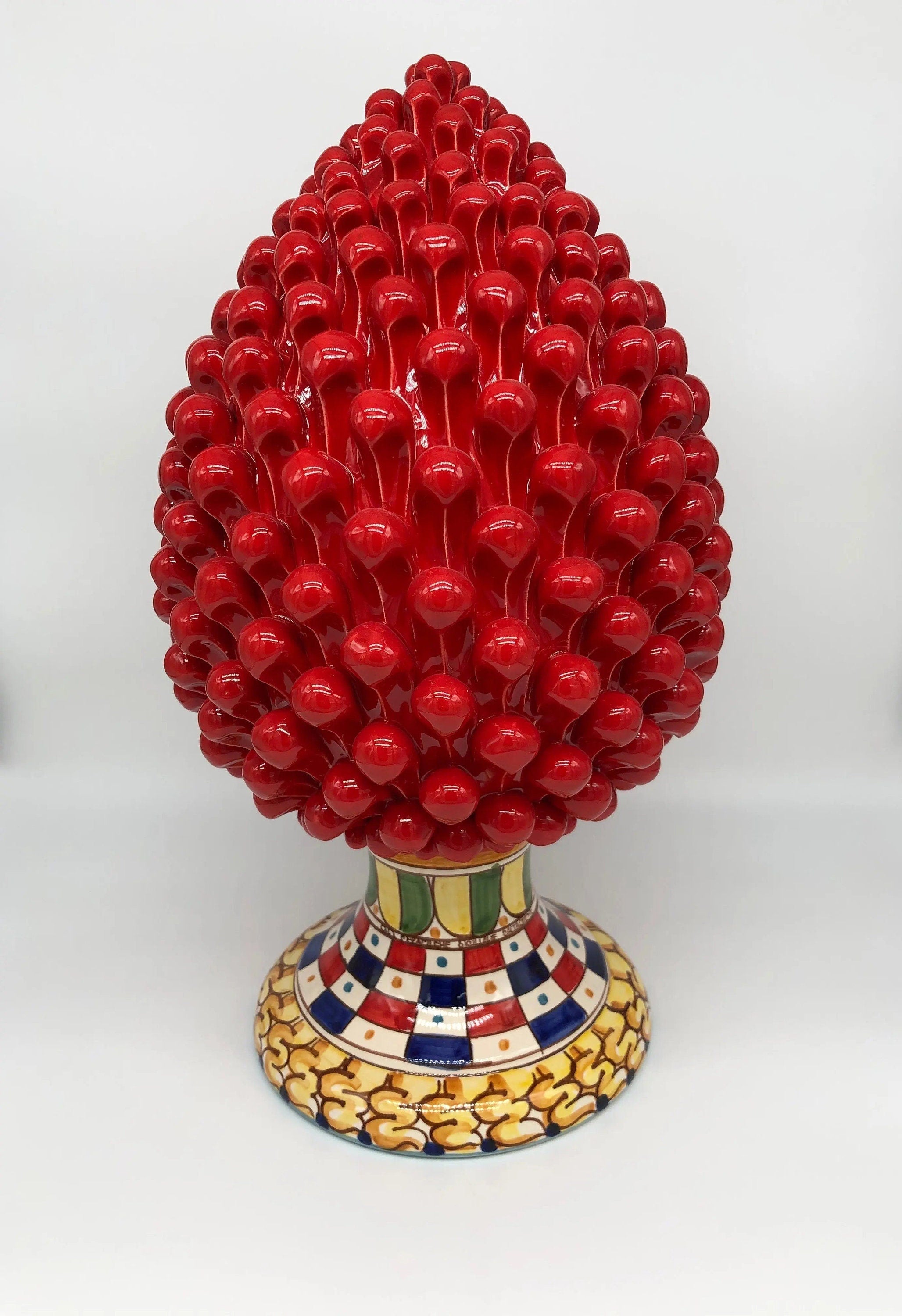 Pigna Ceramica Caltagirone cm H.40 Artigianale Rosso Base Decorata 2021 DD CERAMICHE SICILIANE