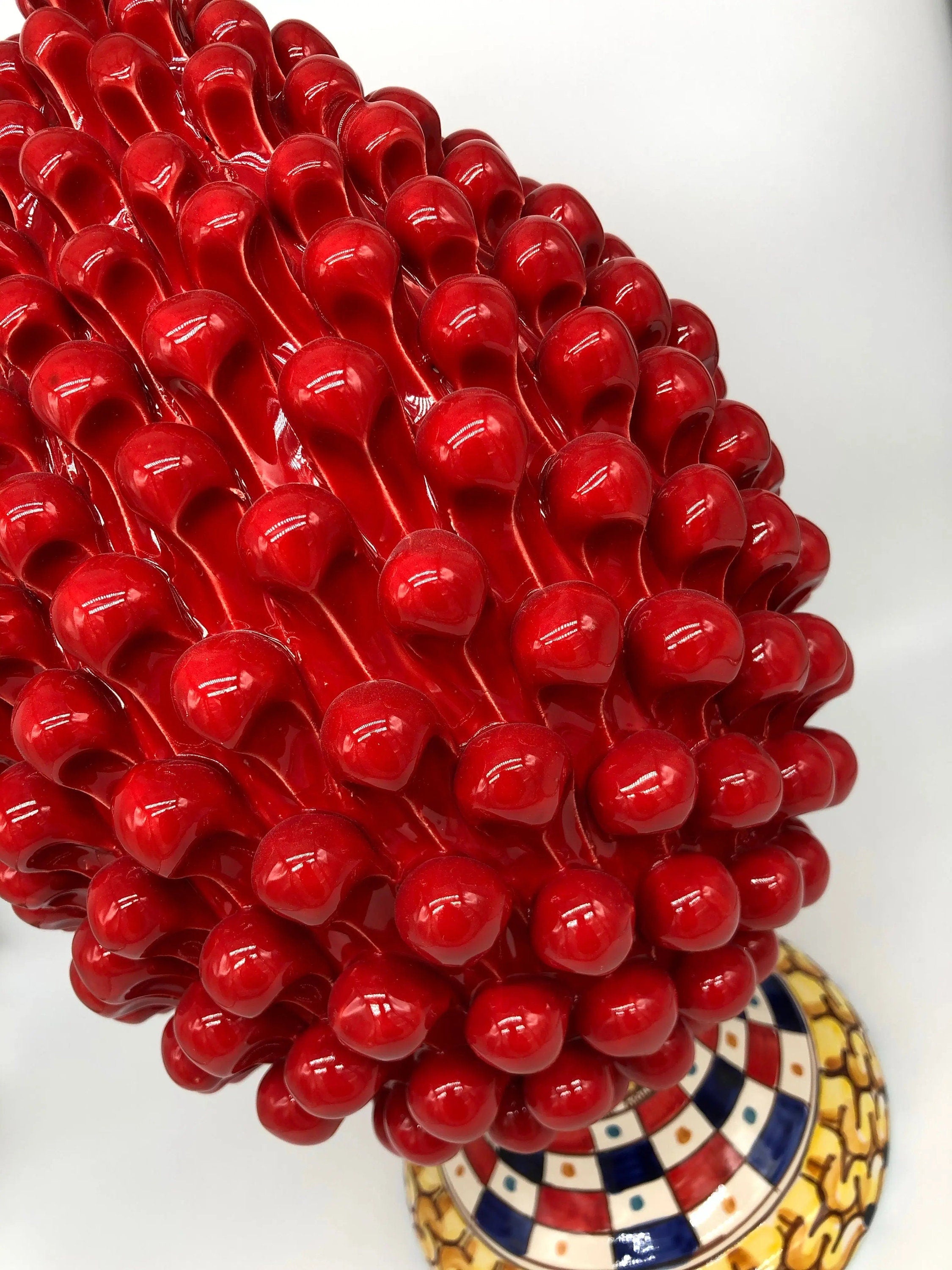 Pigna Ceramica Caltagirone cm H.40 Artigianale Rosso Base Decorata 2021 DD CERAMICHE SICILIANE