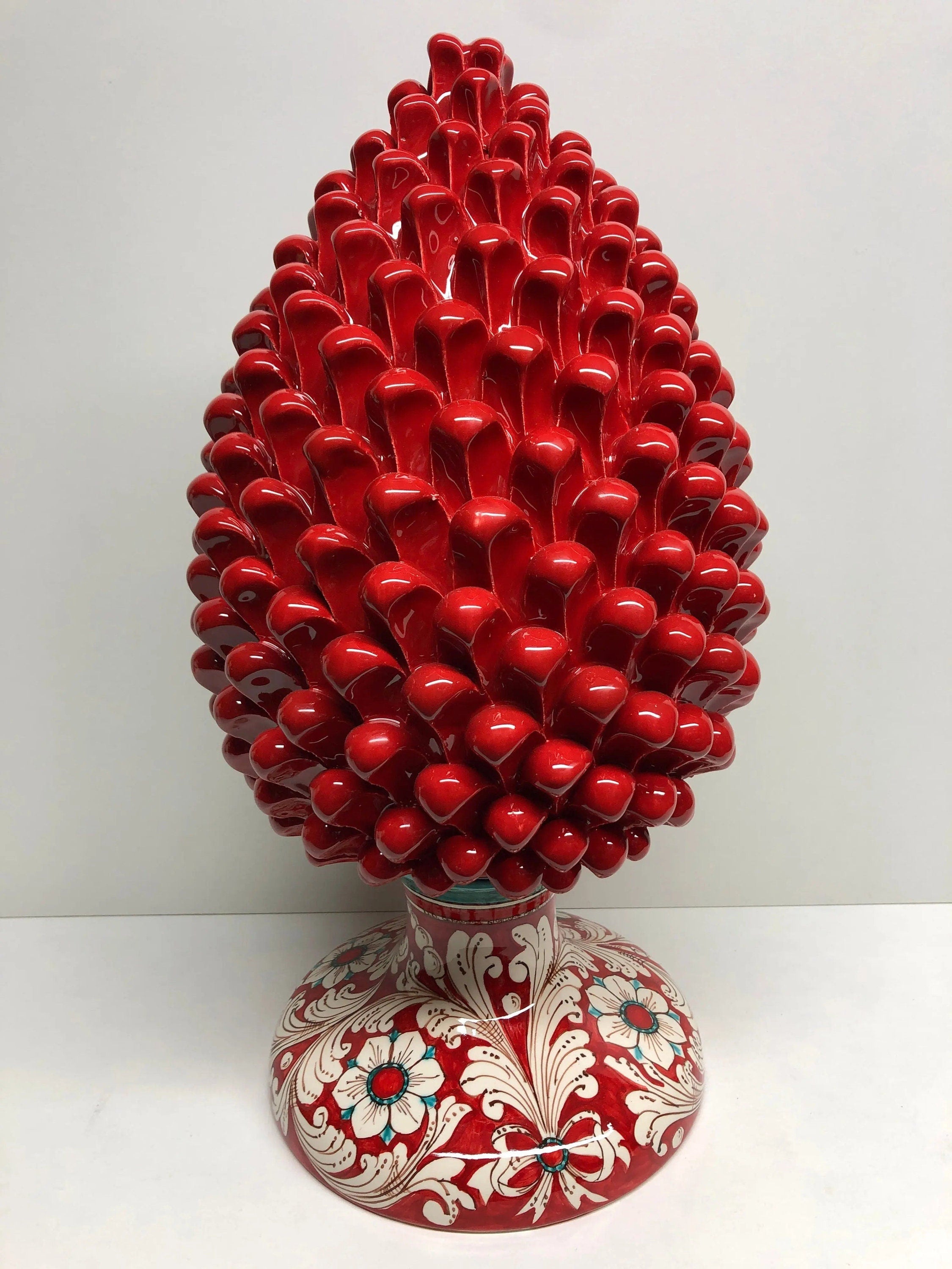 Pigna Ceramica Caltagirone cm H.40 Artigianale Rosso Base Decorata DD CERAMICHE SICILIANE