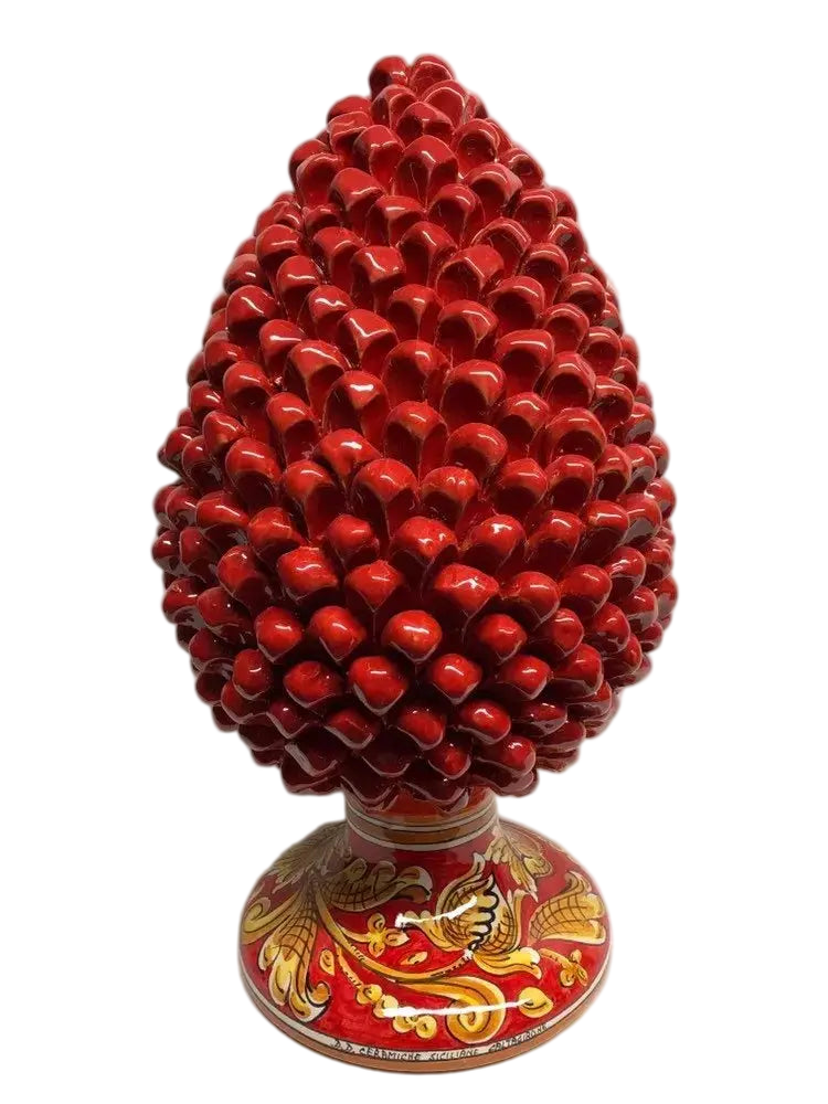 Pigna Ceramica Caltagirone cm H.40 Artigianale Rosso Base Decorata Giglio - DD CERAMICHE SICILIANE