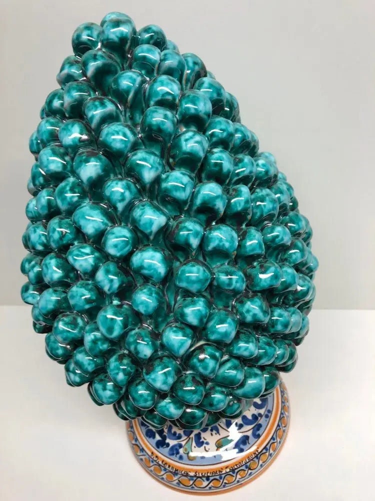 Pigna Ceramica Caltagirone cm H.40 Artigianale Verde Acqua Base Decorata Fiori DD CERAMICHE SICILIANE