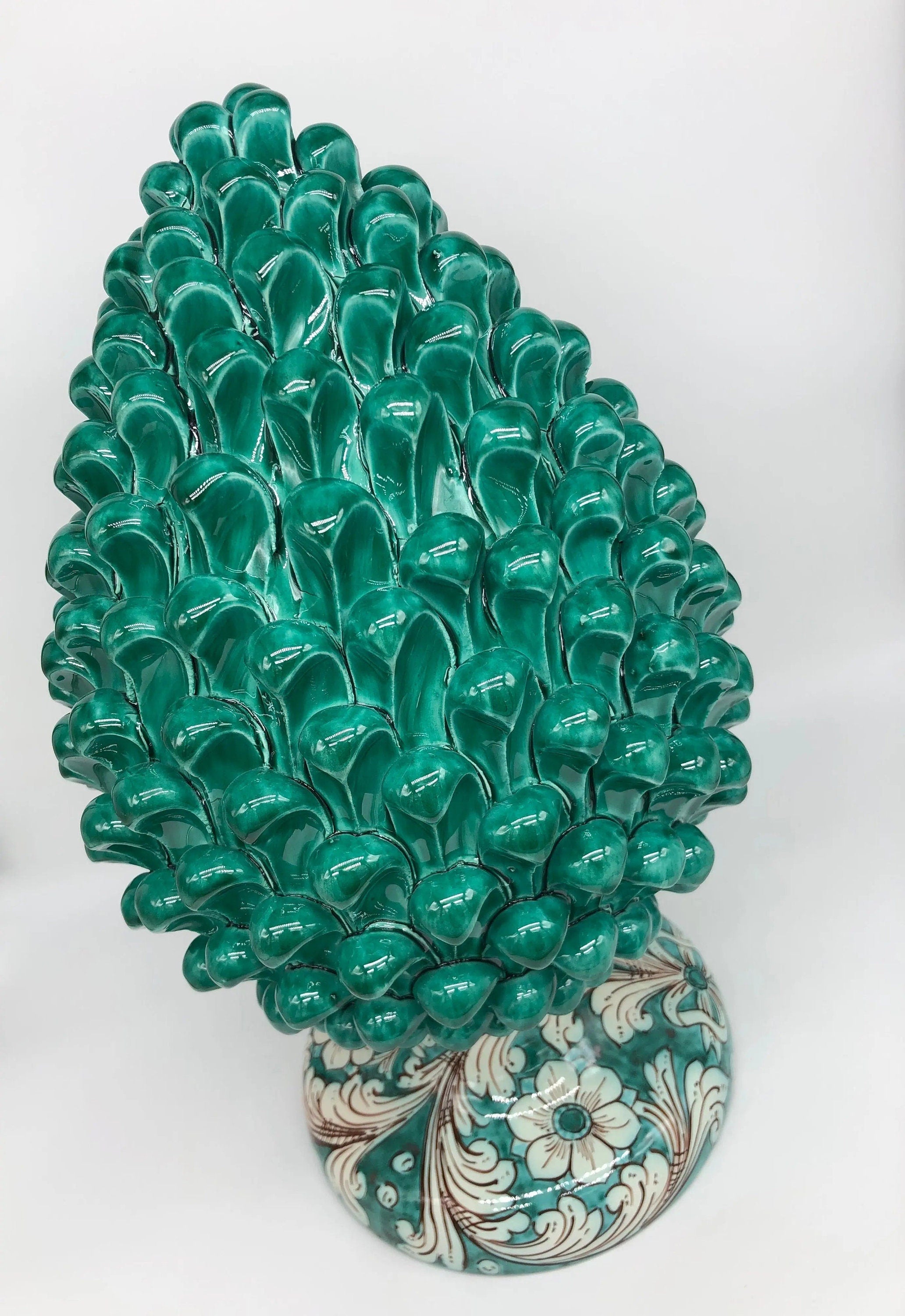 Pigna Ceramica Caltagirone cm H.40 Artigianale Verde Cristallo con Base Decorata DD CERAMICHE SICILIANE