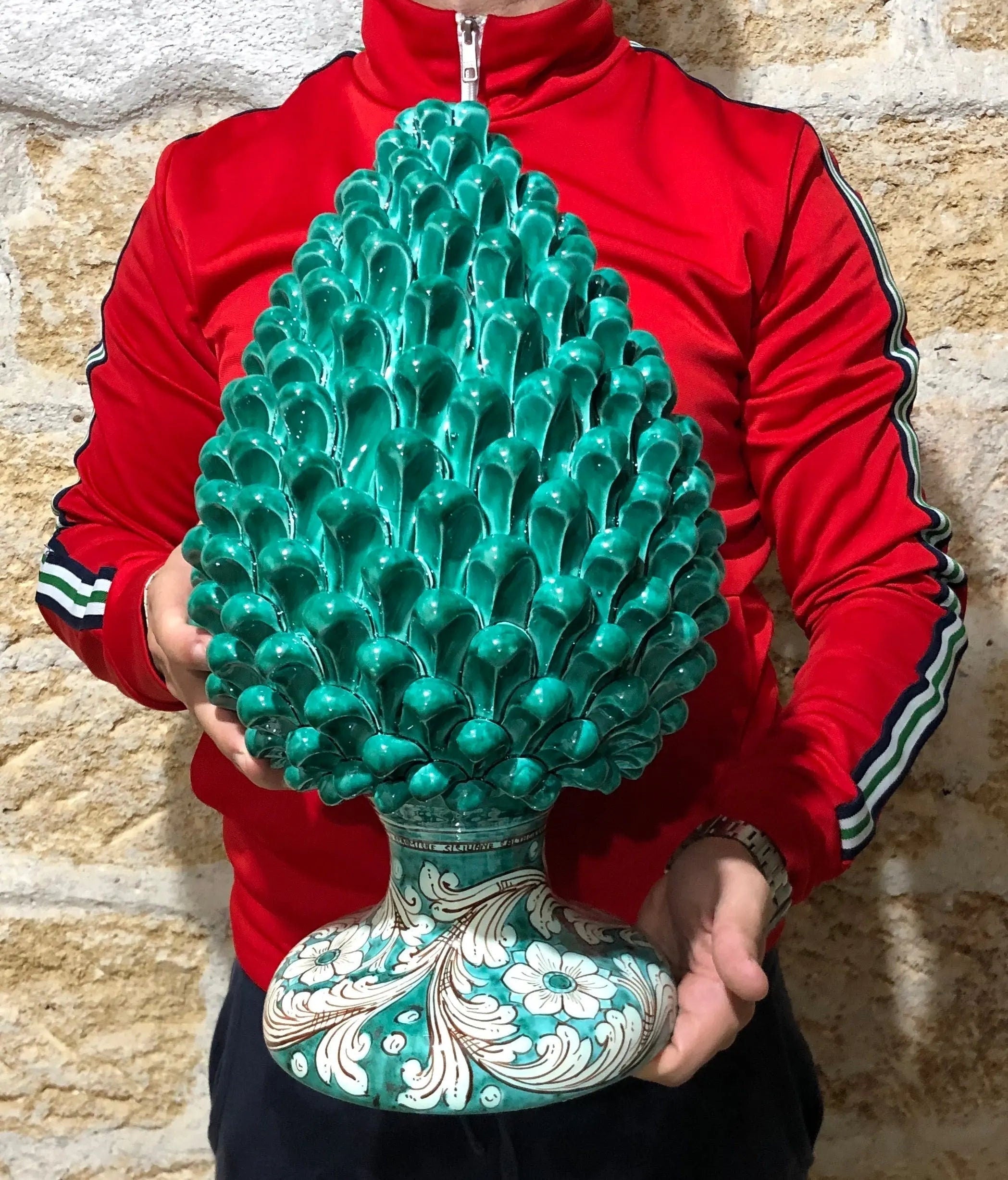 Pigna Ceramica Caltagirone cm H.40 Artigianale Verde Cristallo con Base Decorata DD CERAMICHE SICILIANE