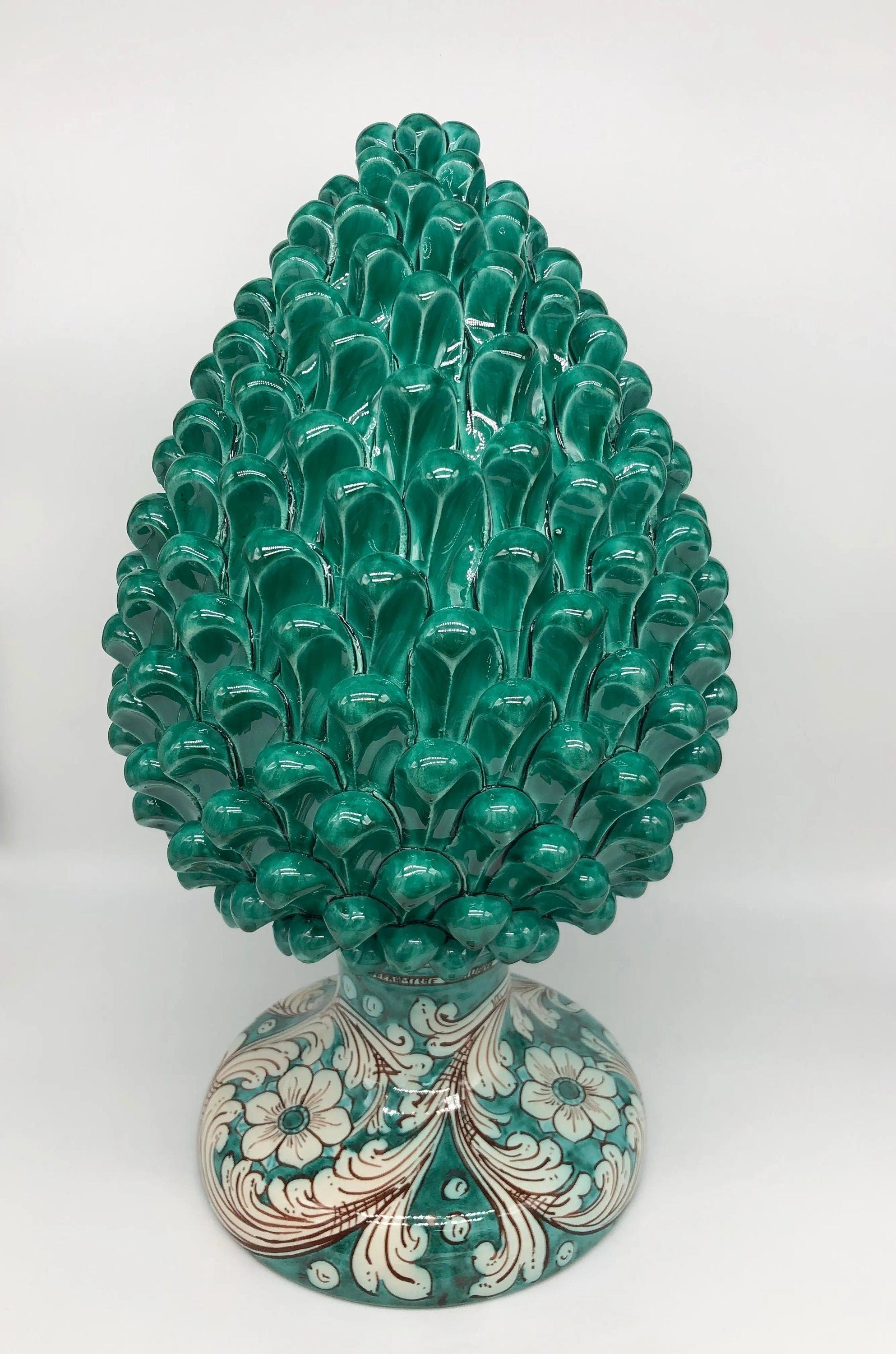 Pigna Ceramica Caltagirone cm H.40 Artigianale Verde Cristallo con Base Decorata DD CERAMICHE SICILIANE