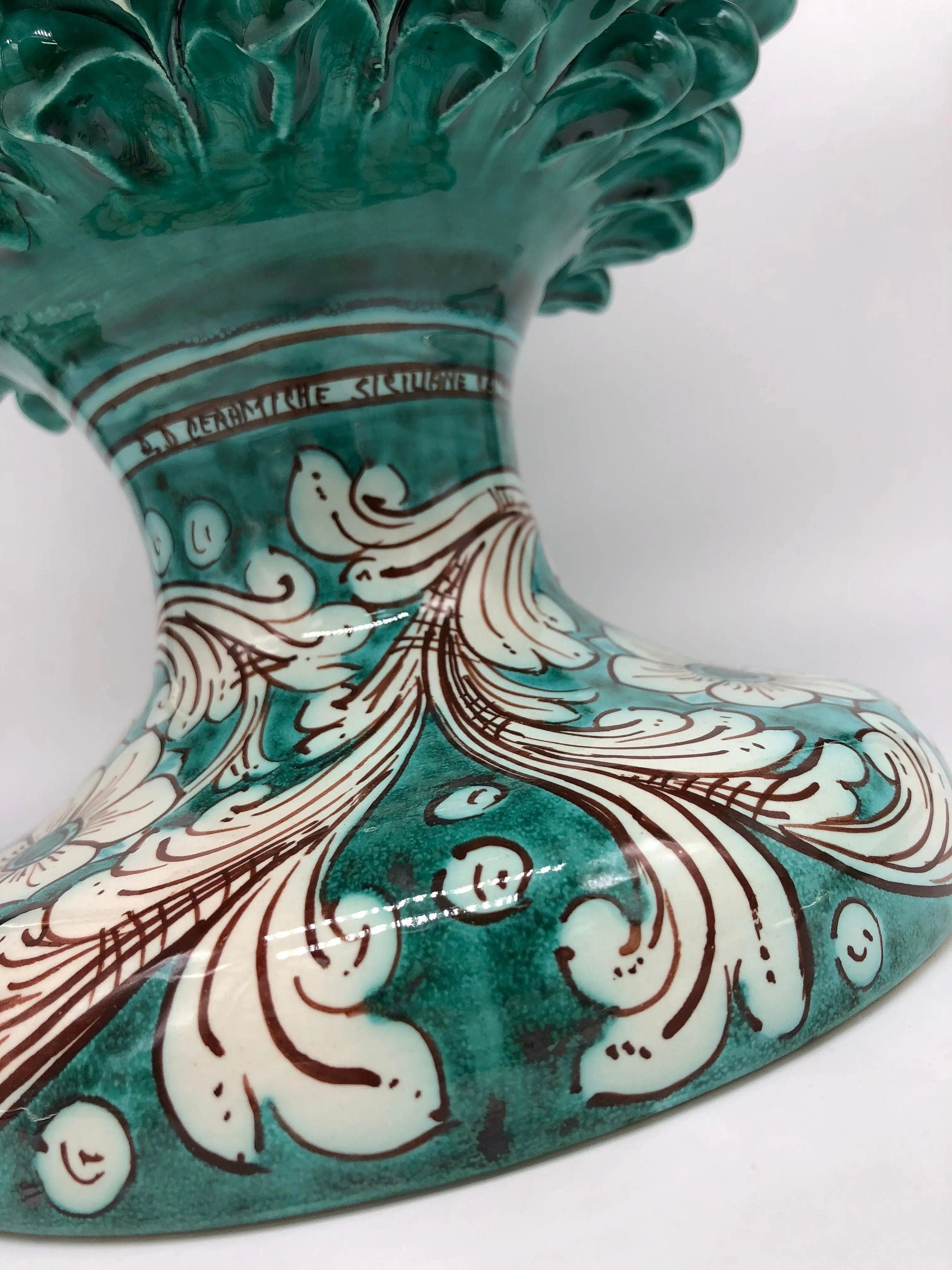 Pigna Ceramica Caltagirone cm H.40 Artigianale Verde Cristallo con Base Decorata DD CERAMICHE SICILIANE