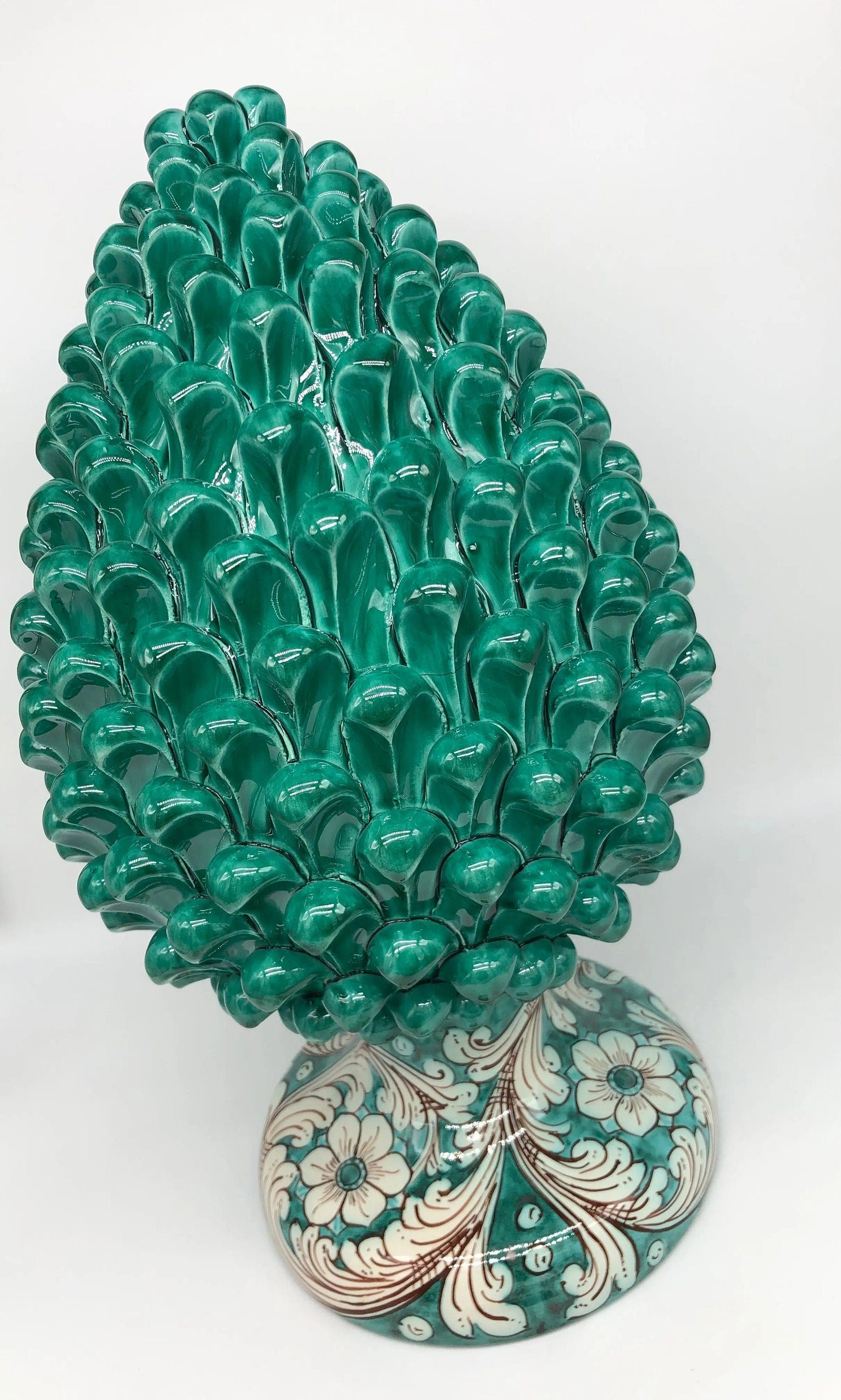 Pigna Ceramica Caltagirone cm H.40 Artigianale Verde Cristallo con Base Decorata DD CERAMICHE SICILIANE