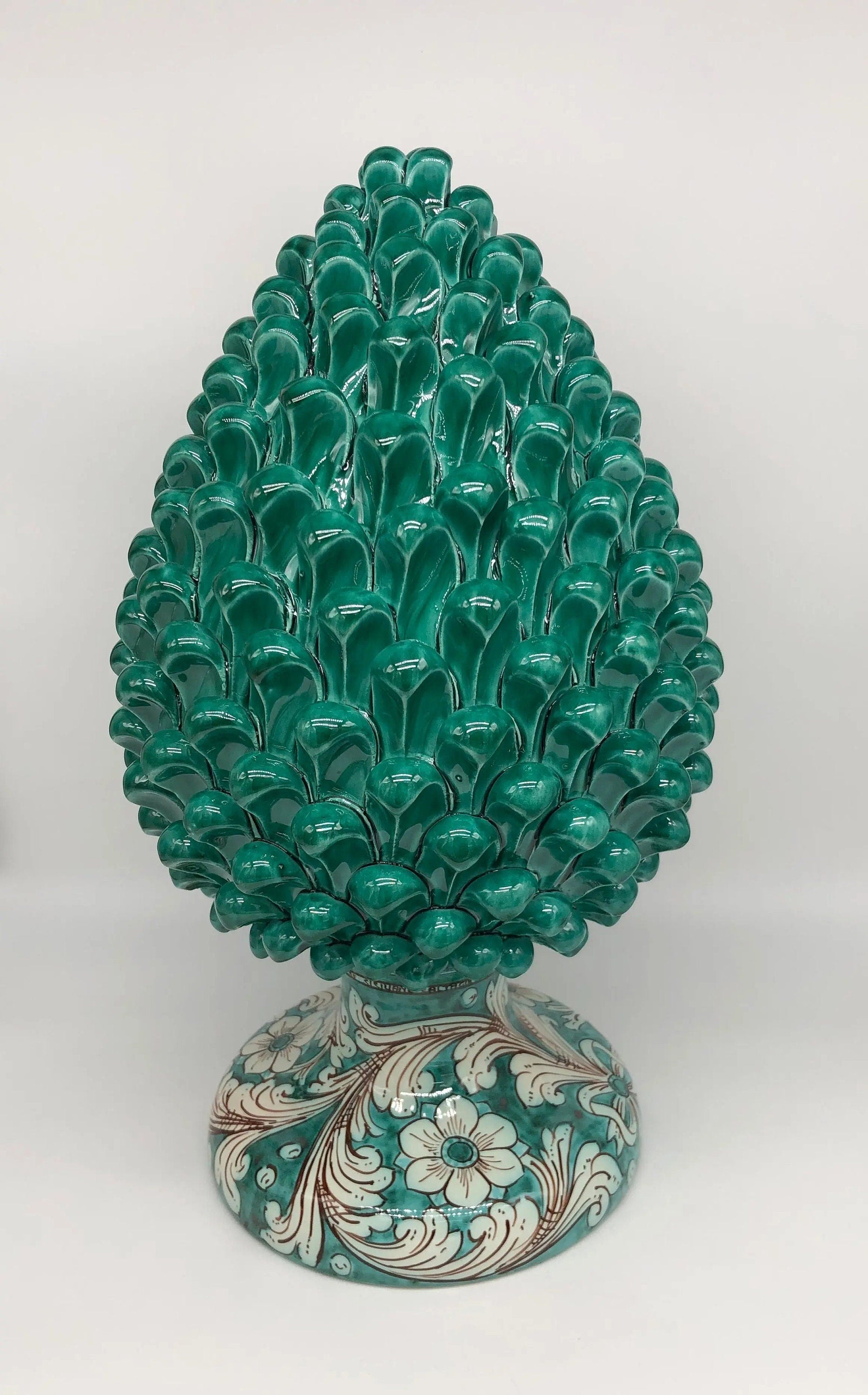 Pigna Ceramica Caltagirone cm H.40 Artigianale Verde Cristallo con Base Decorata DD CERAMICHE SICILIANE