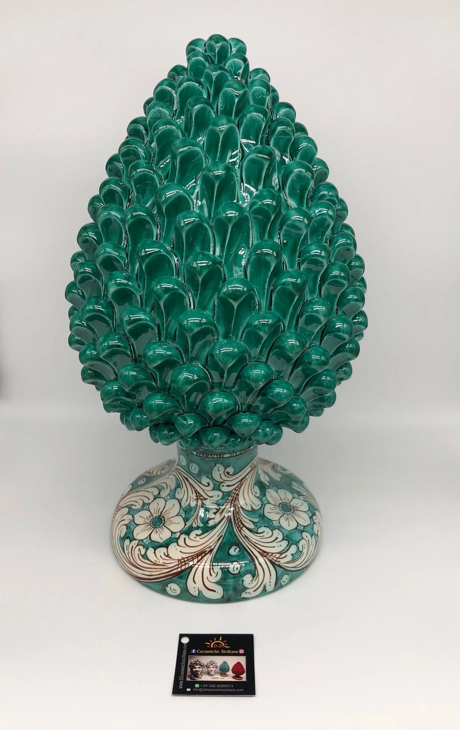 Pigna Ceramica Caltagirone cm H.40 Artigianale Verde Cristallo con Base Decorata DD CERAMICHE SICILIANE