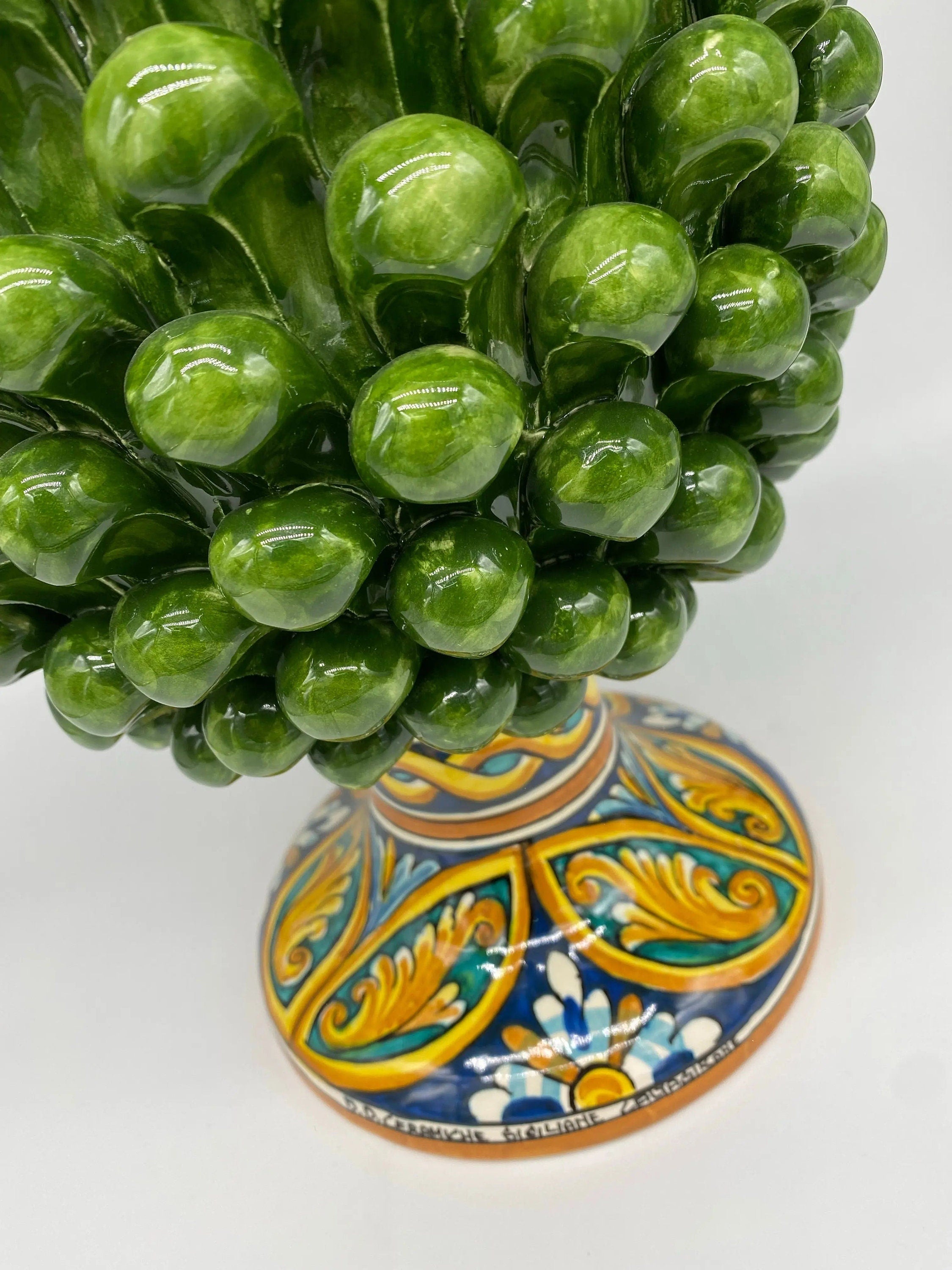 Pigna Ceramica Caltagirone cm H.40 Artigianale Verde Prato Base Decorata DD CERAMICHE SICILIANE