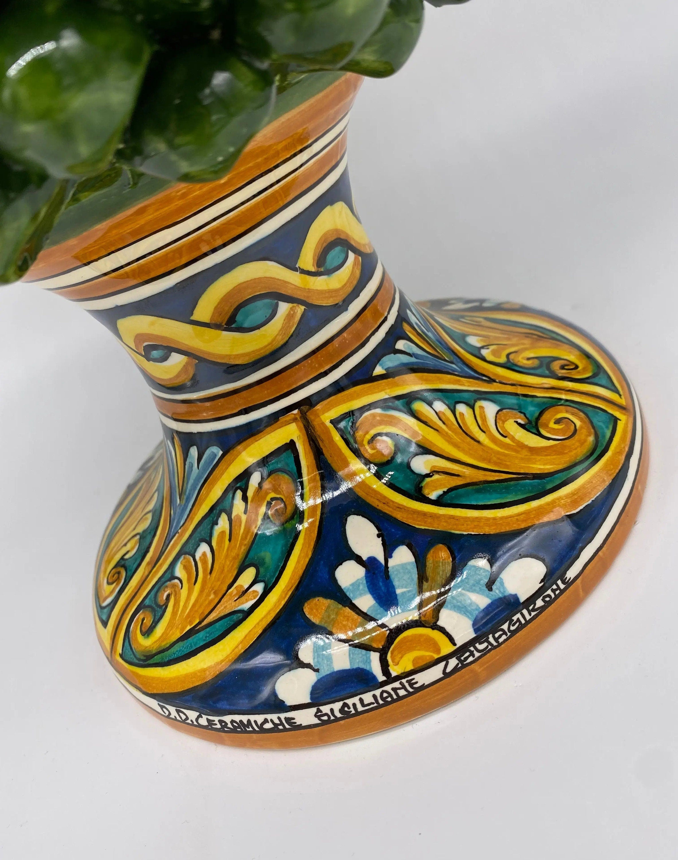 Pigna Ceramica Caltagirone cm H.40 Artigianale Verde Prato Base Decorata DD CERAMICHE SICILIANE