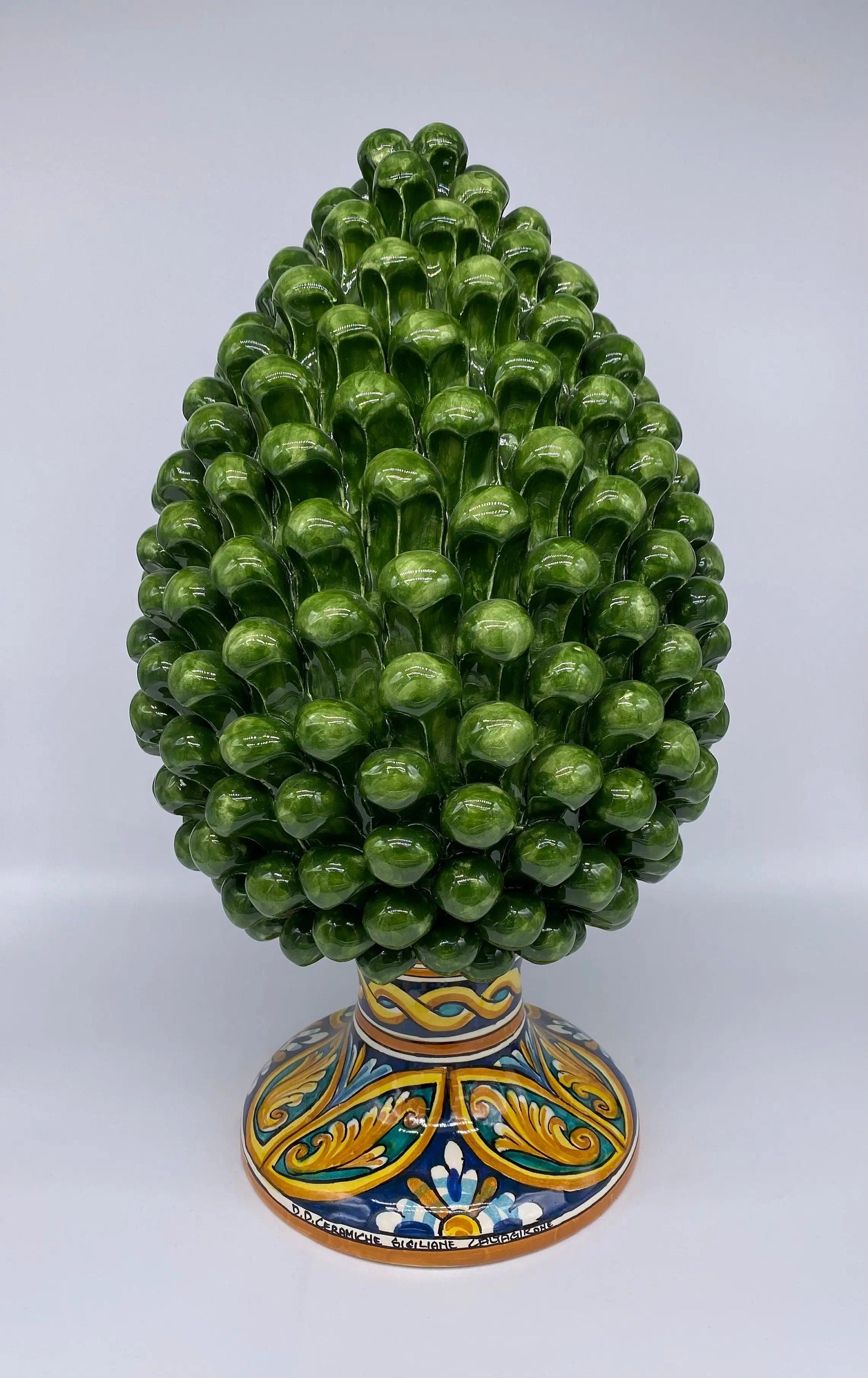 Pigna Ceramica Caltagirone cm H.40 Artigianale Verde Prato Base Decorata DD CERAMICHE SICILIANE