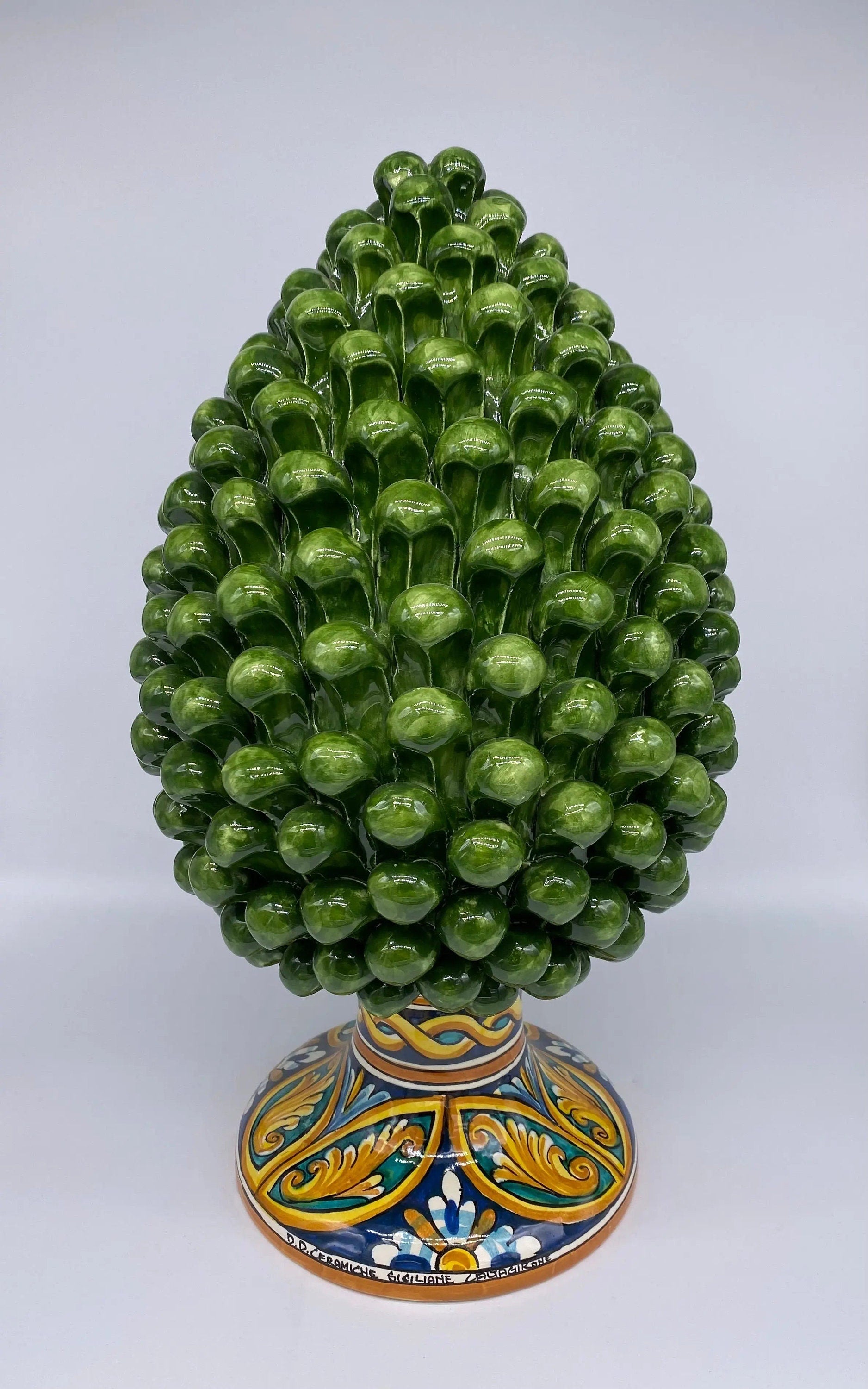 Pigna Ceramica Caltagirone cm H.40 Artigianale Verde Prato Base Decorata DD CERAMICHE SICILIANE