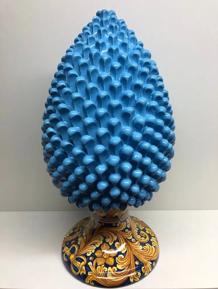 Pigna Ceramica Caltagirone cm H.50 Artigianale Celeste Base Decorata DD CERAMICHE SICILIANE