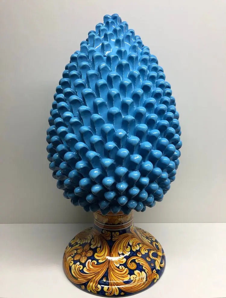 Pigna Ceramica Caltagirone cm H.50 Artigianale Celeste Base Decorata DD CERAMICHE SICILIANE