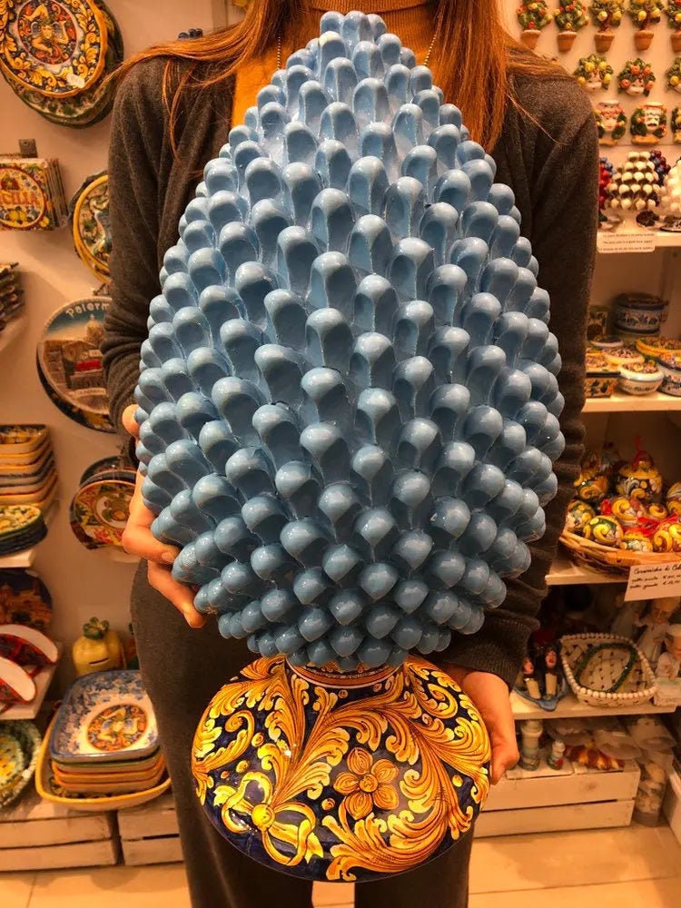 Pigna Ceramica Caltagirone cm H.50 Artigianale Celeste Base Decorata DD CERAMICHE SICILIANE