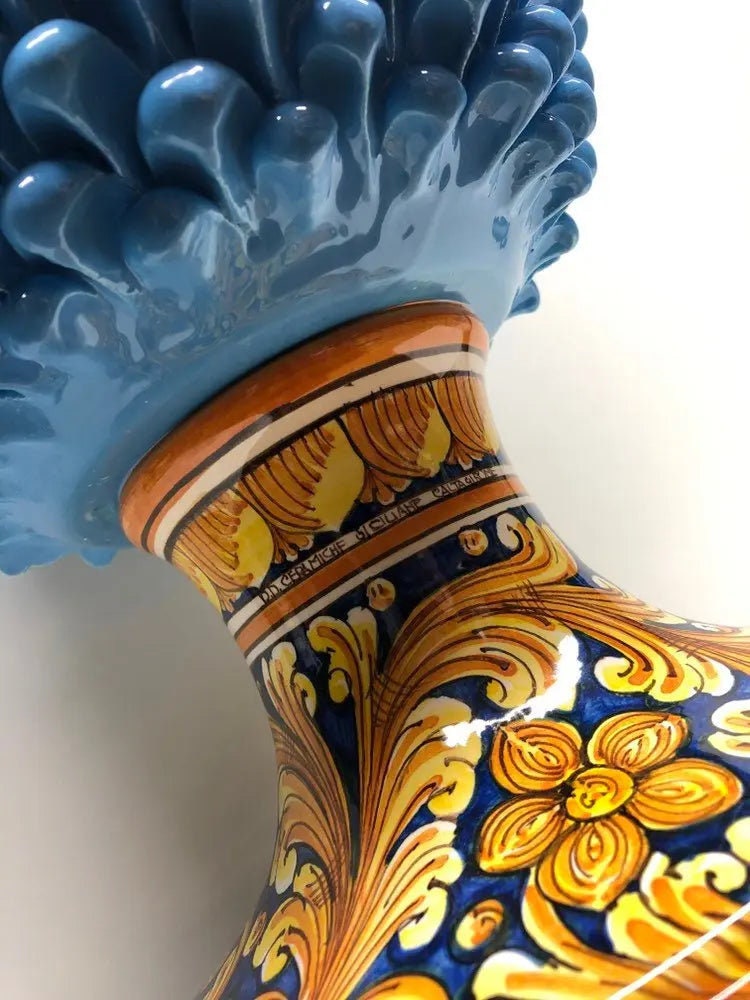 Pigna Ceramica Caltagirone cm H.50 Artigianale Celeste Base Decorata DD CERAMICHE SICILIANE