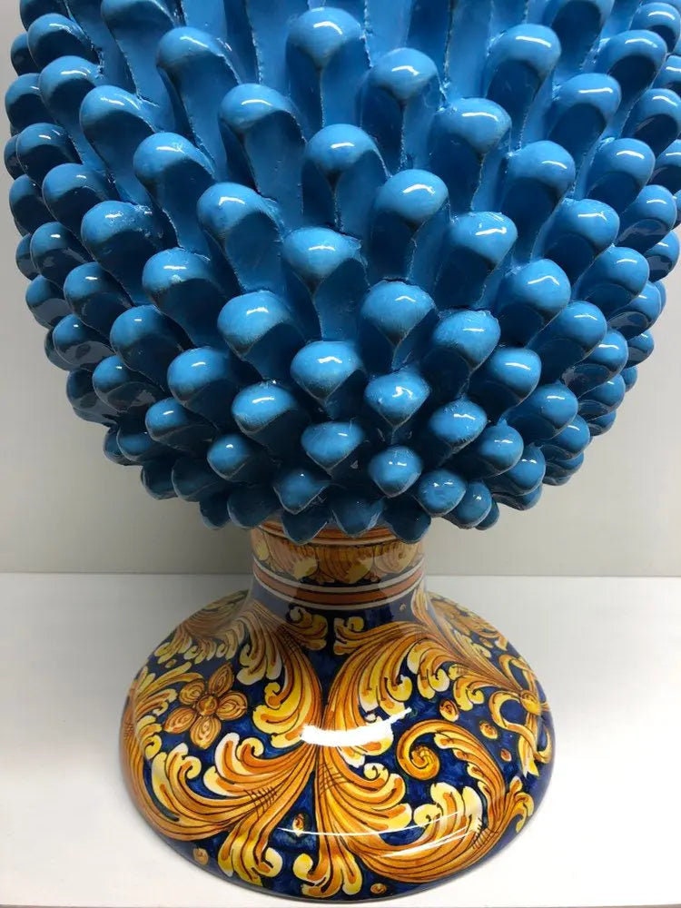 Pigna Ceramica Caltagirone cm H.50 Artigianale Celeste Base Decorata DD CERAMICHE SICILIANE