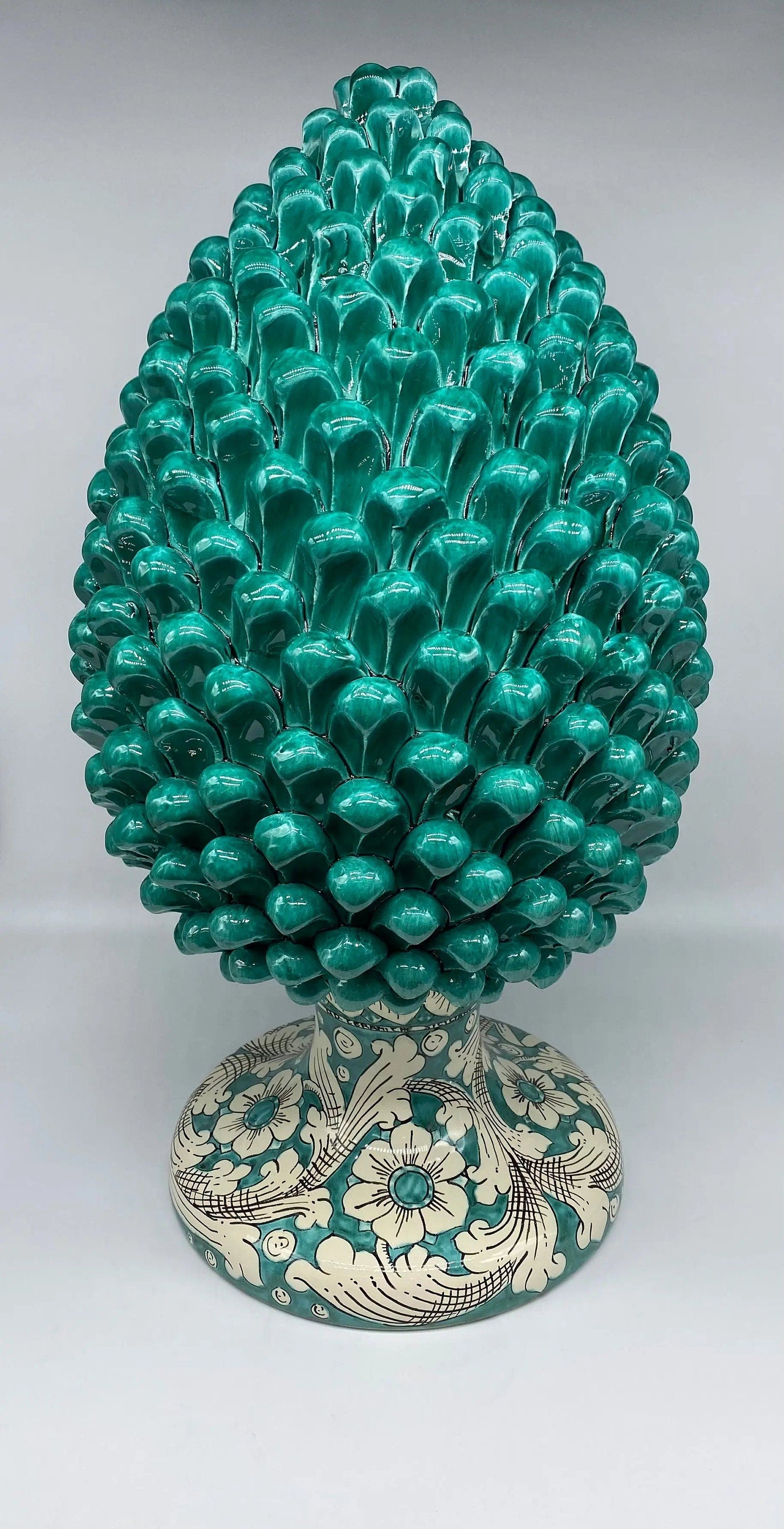 Pigna Ceramica Caltagirone cm H.50 Artigianale Verde Acqua Base Decorata DD CERAMICHE SICILIANE