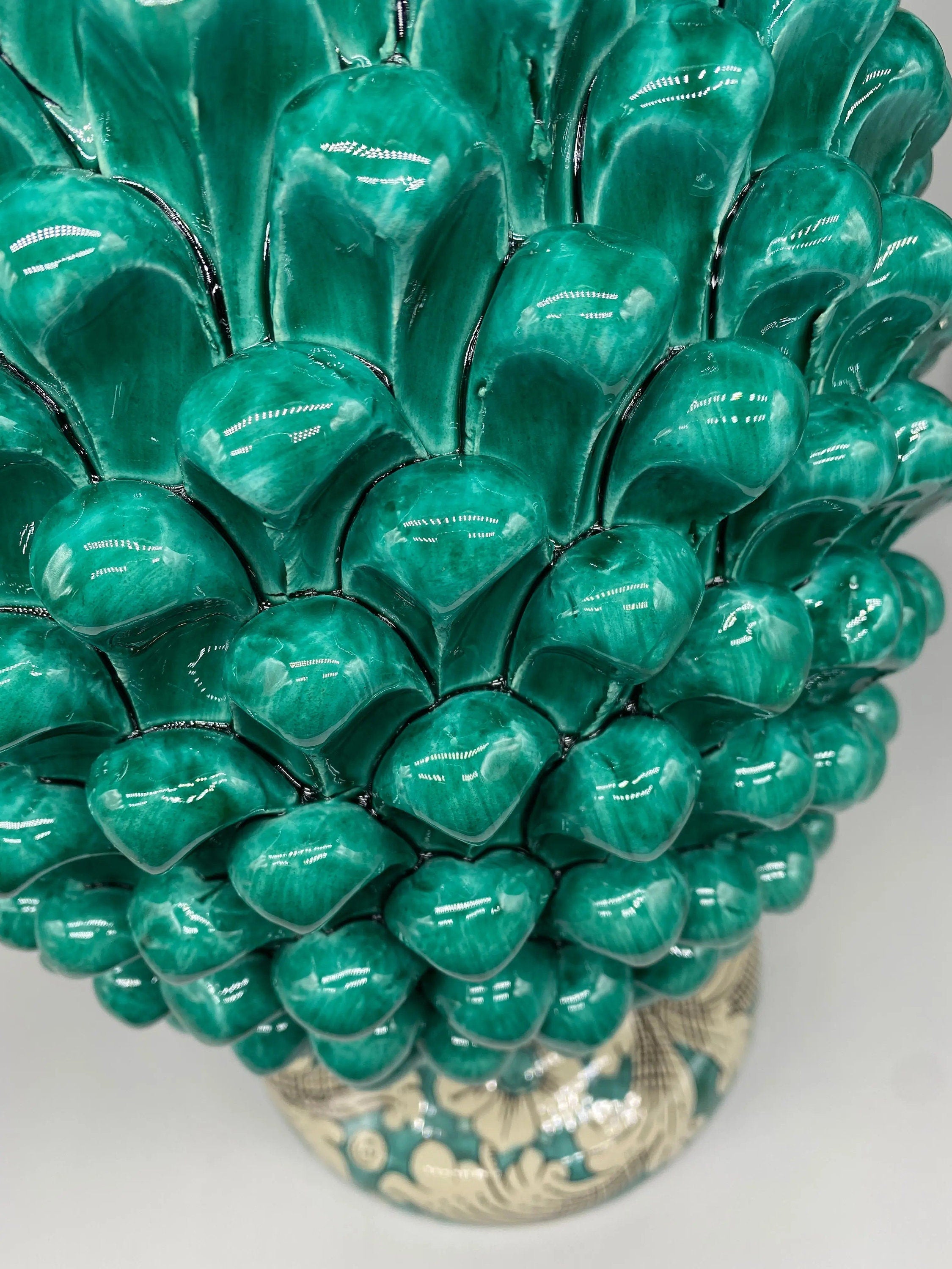 Pigna Ceramica Caltagirone cm H.50 Artigianale Verde Acqua Base Decorata DD CERAMICHE SICILIANE