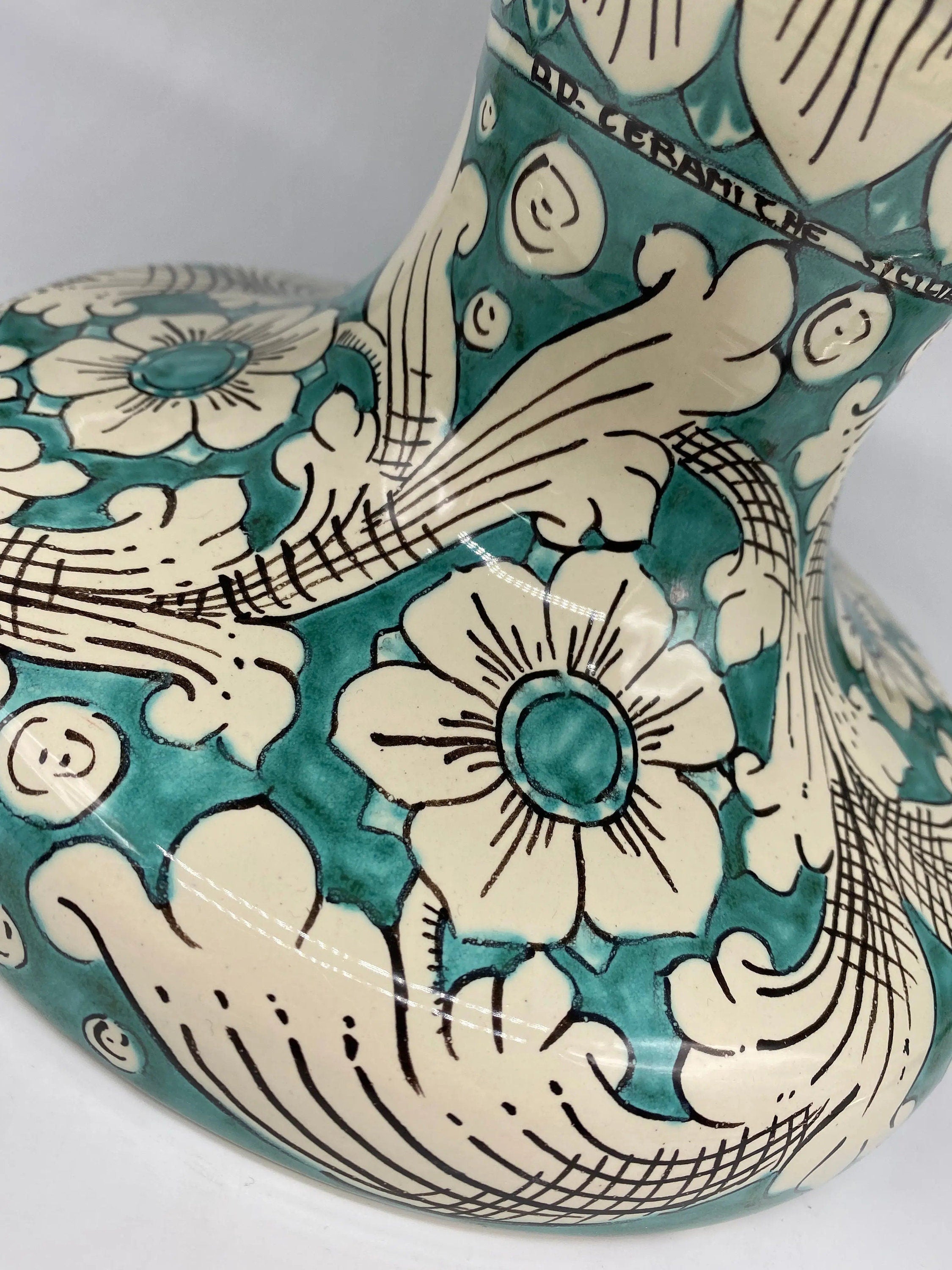 Pigna Ceramica Caltagirone cm H.50 Artigianale Verde Acqua Base Decorata DD CERAMICHE SICILIANE