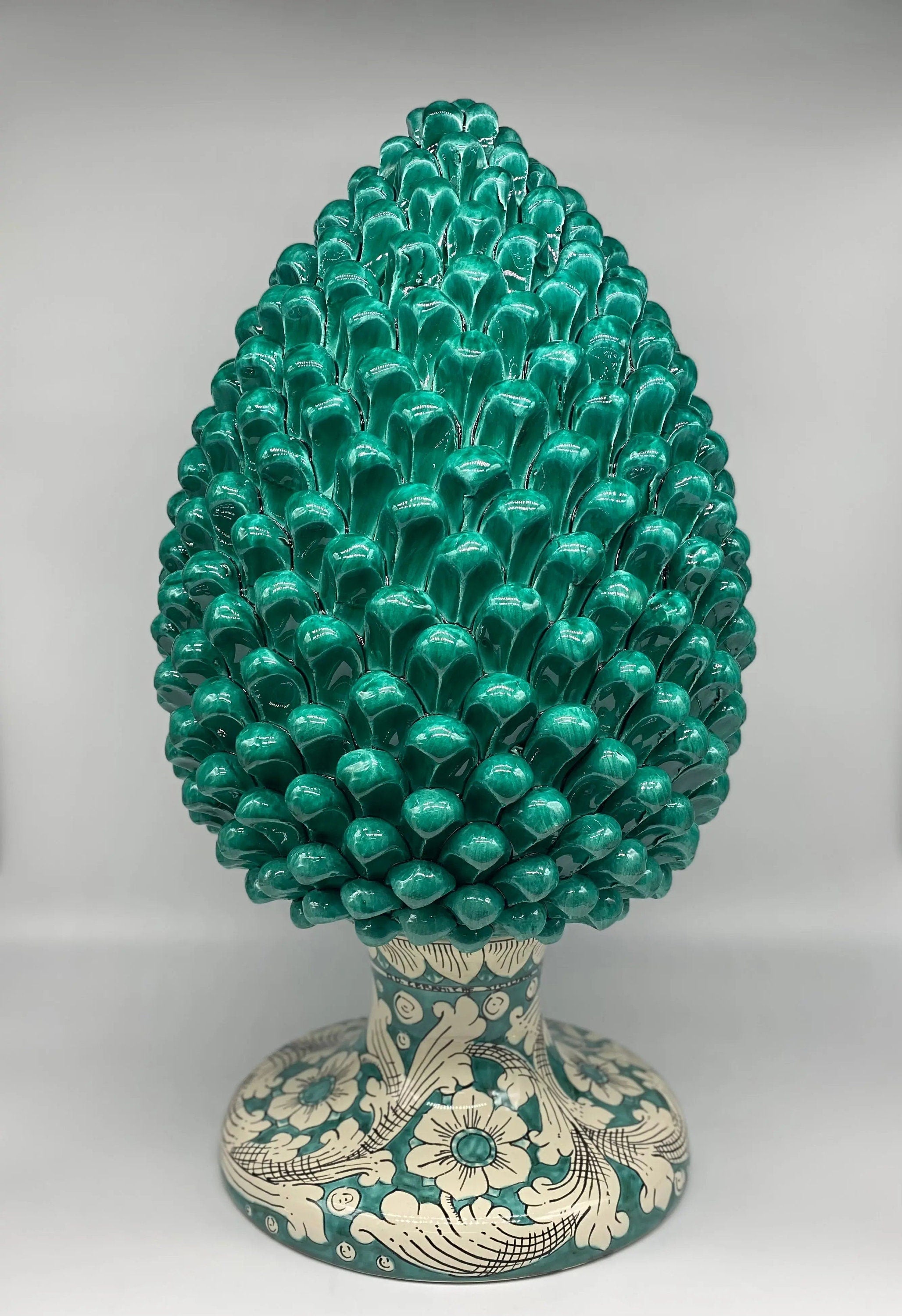 Pigna Ceramica Caltagirone cm H.50 Artigianale Verde Acqua Base Decorata DD CERAMICHE SICILIANE