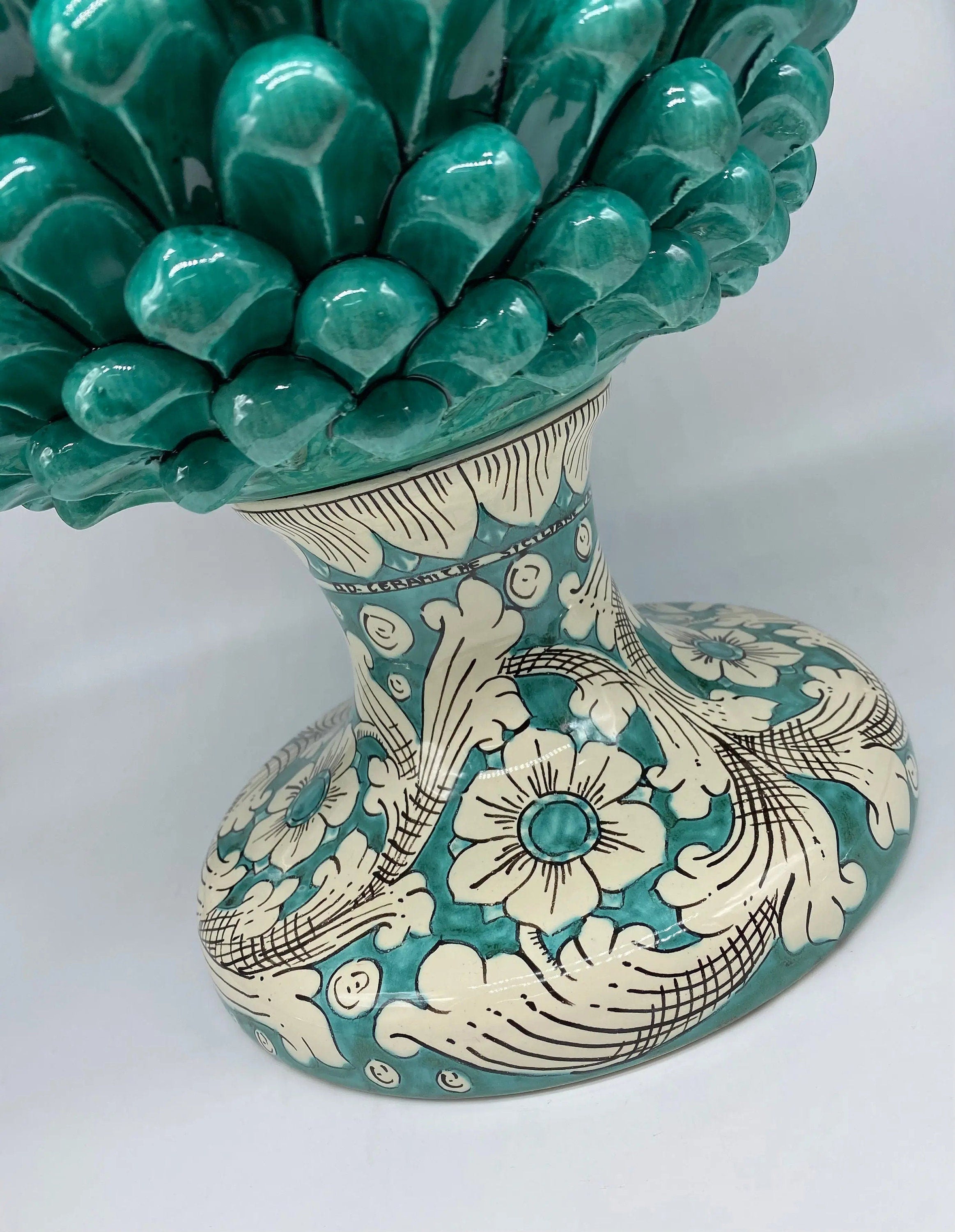Pigna Ceramica Caltagirone cm H.50 Artigianale Verde Acqua Base Decorata DD CERAMICHE SICILIANE