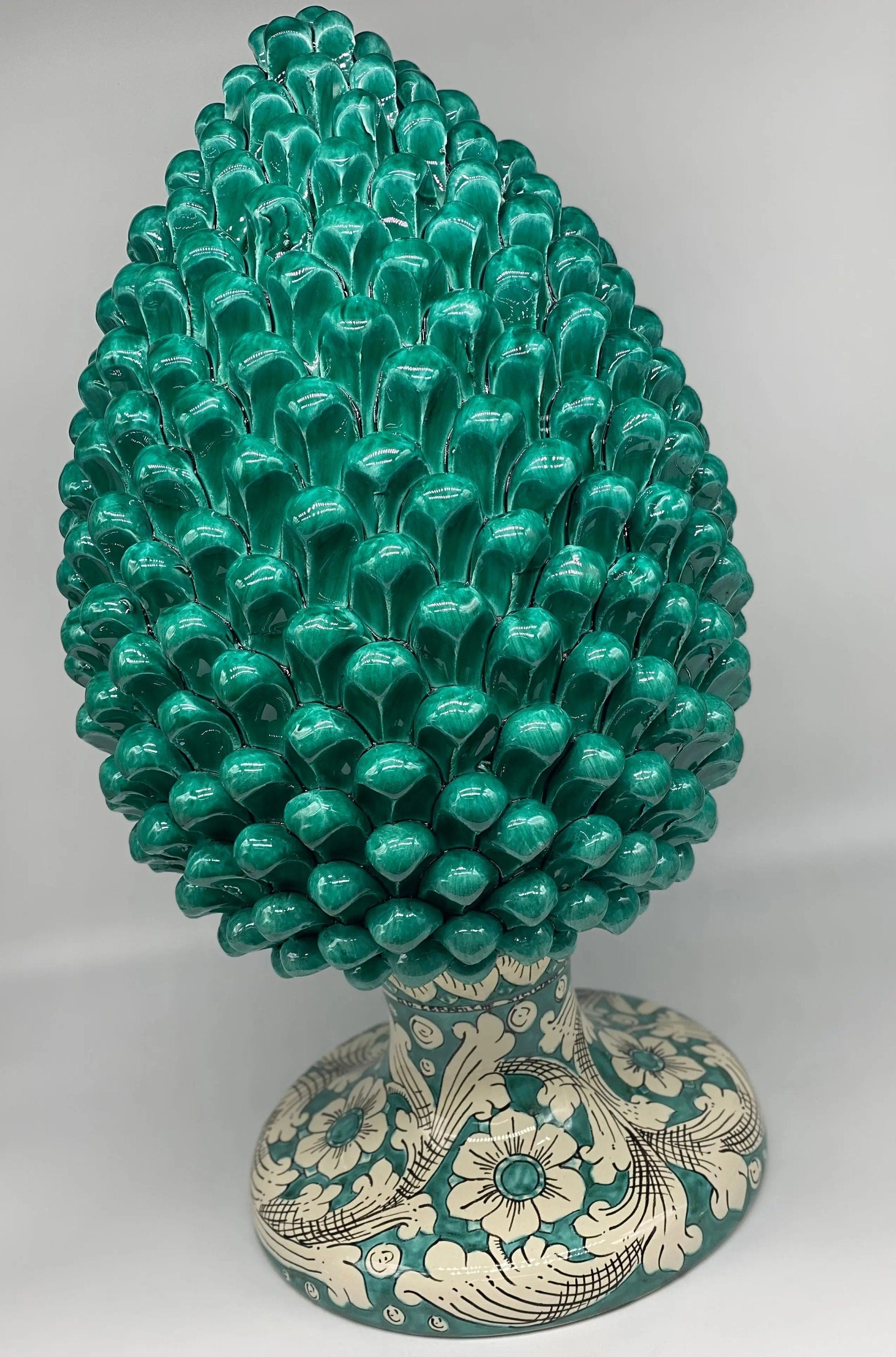 Pigna Ceramica Caltagirone cm H.50 Artigianale Verde Acqua Base Decorata DD CERAMICHE SICILIANE