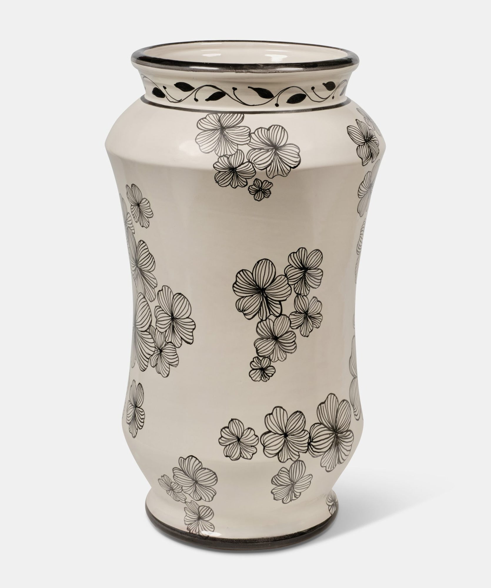 Portaombrelli Albarello TDS Ceramica Caltagirone Decoro Fiori e Foglie Neri - VASO