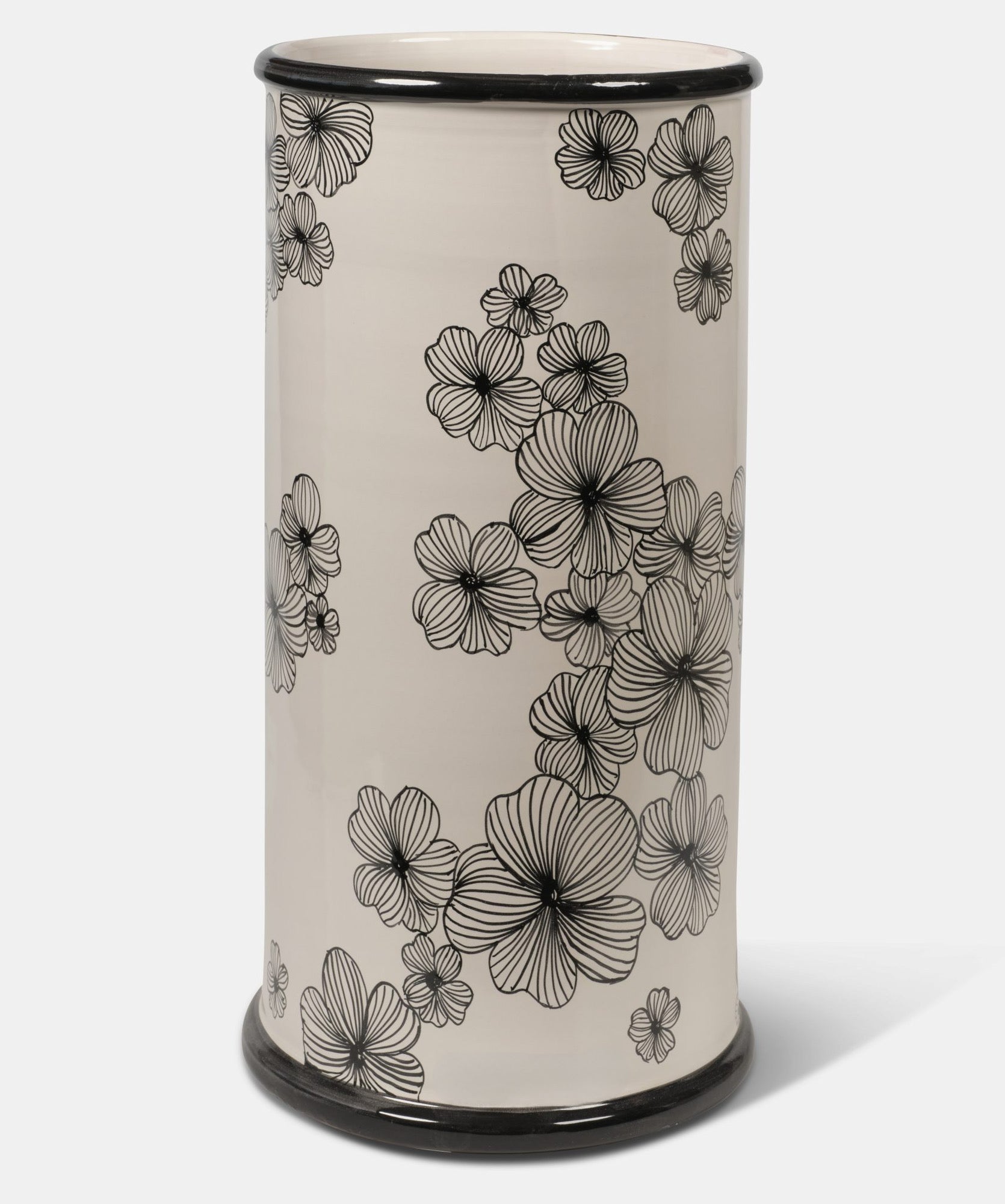 Portaombrelli Cilindrico TDS Ceramica Caltagirone Decoro Fiori e Foglie Neri - VASO