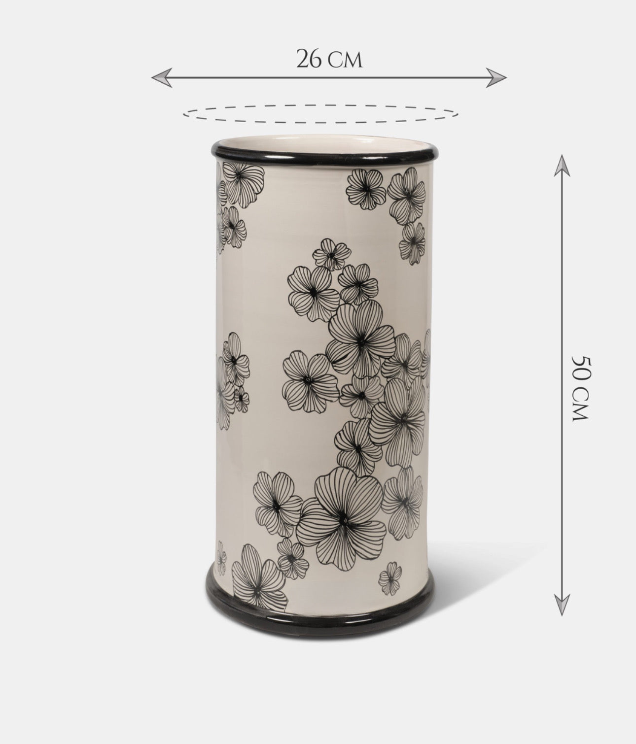 Portaombrelli Cilindrico TDS Ceramica Caltagirone Decoro Fiori e Foglie Neri - VASO