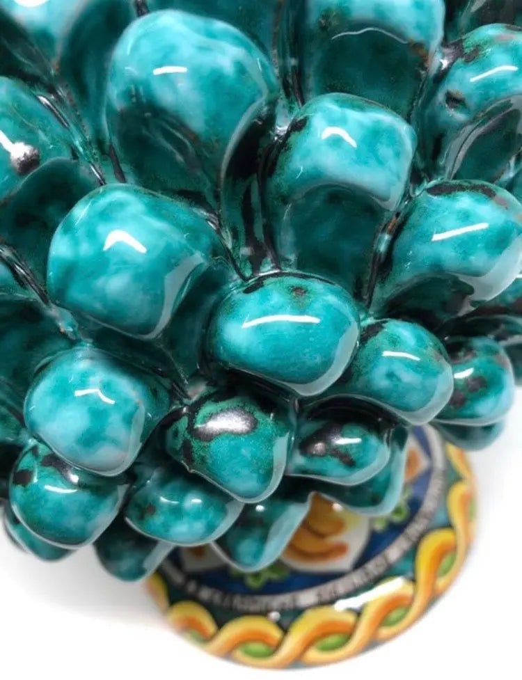 Portavaso Mezza Pigna Ceramica Caltagirone cm H.20 L.20 Artigianale Verde Acqua Base Decorata DD CERAMICHE SICILIANE