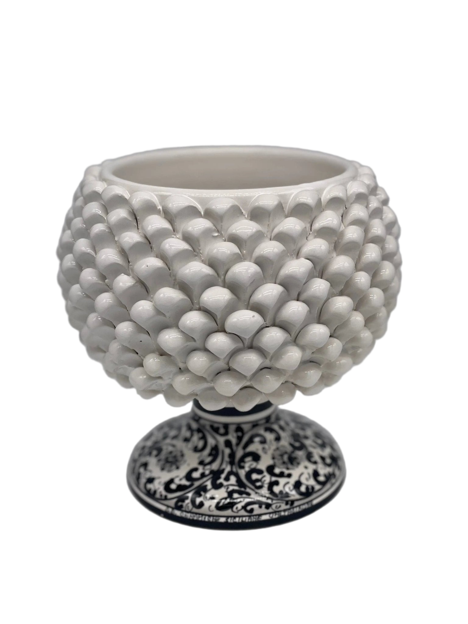 Portavaso Mezza Pigna Ceramica Caltagirone cm H.20 L.20 Artigianale Bianco Base Decorata DD CERAMICHE SICILIANE
