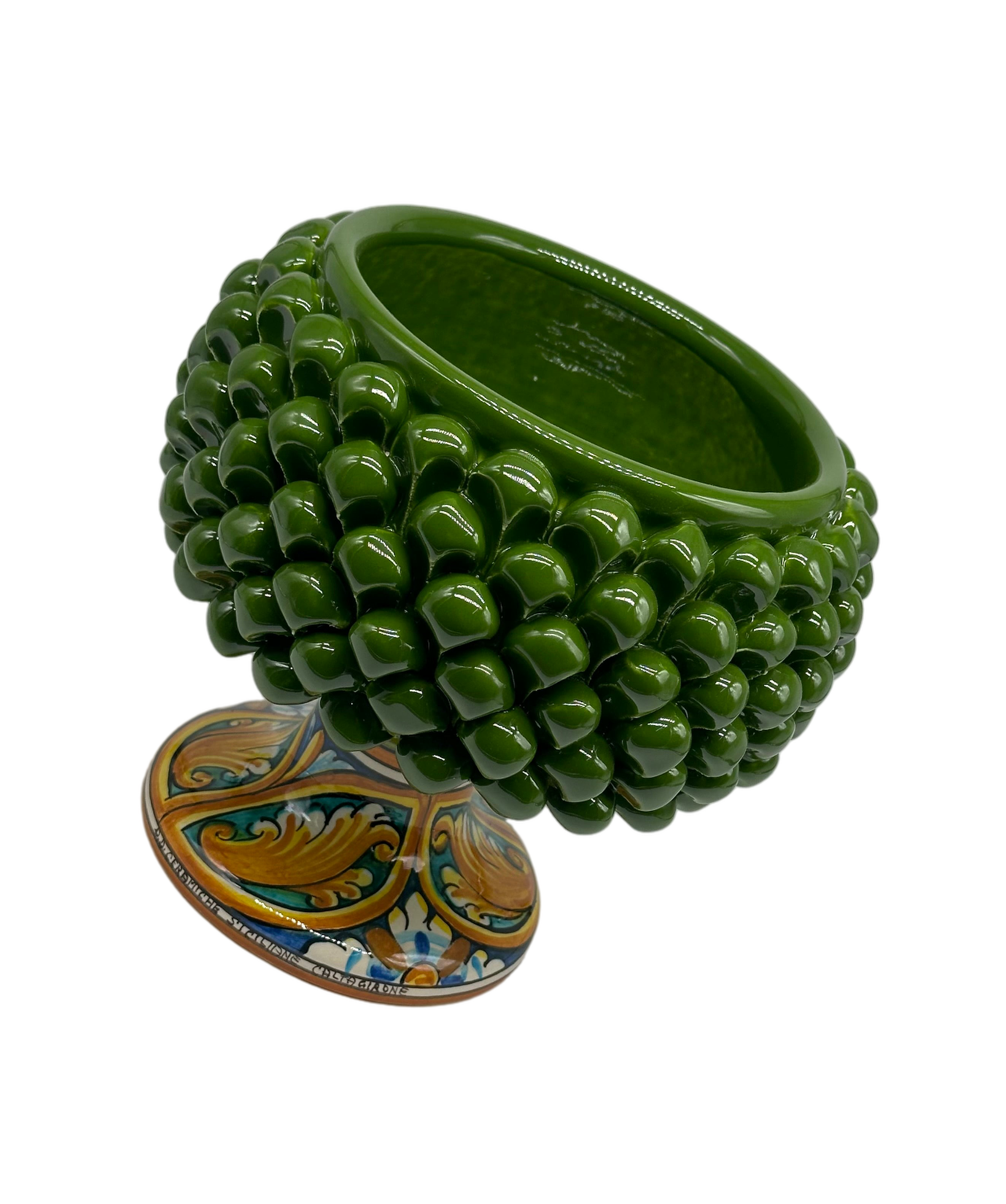 Portavaso Mezza Pigna Ceramica Caltagirone cm H.20 L.20 Artigianale Verde Base Decorata - MEZZA PIGNA
