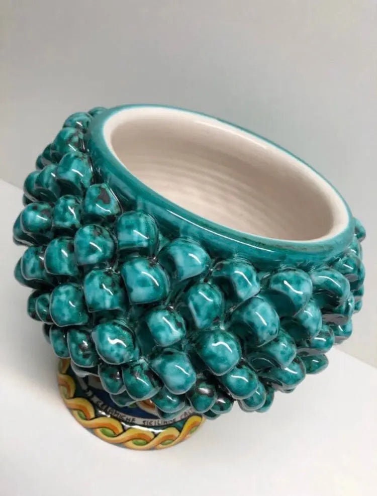 Portavaso Mezza Pigna Ceramica Caltagirone cm H.20 L.20 Artigianale Verde Acqua Base Decorata DD CERAMICHE SICILIANE