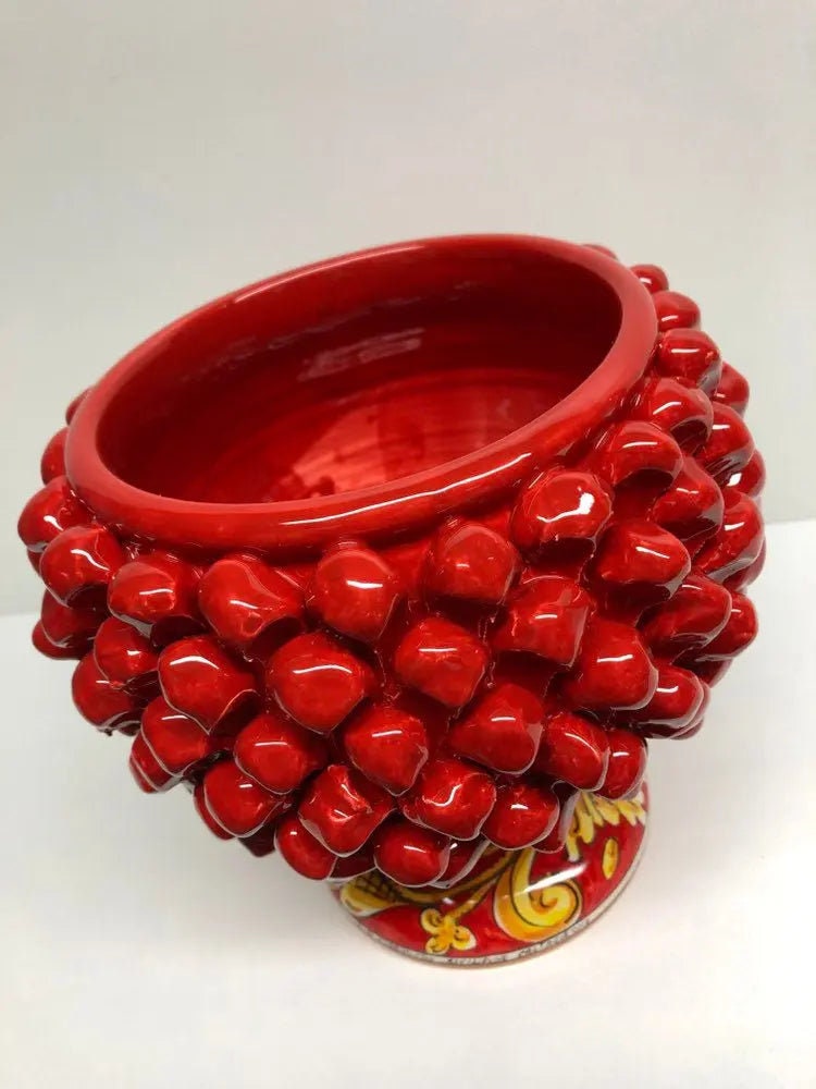 Portavaso Mezza Pigna Ceramica Caltagirone cm H.20 L.20 Artigianale Rosso Base Decorata Giglio DD CERAMICHE SICILIANE