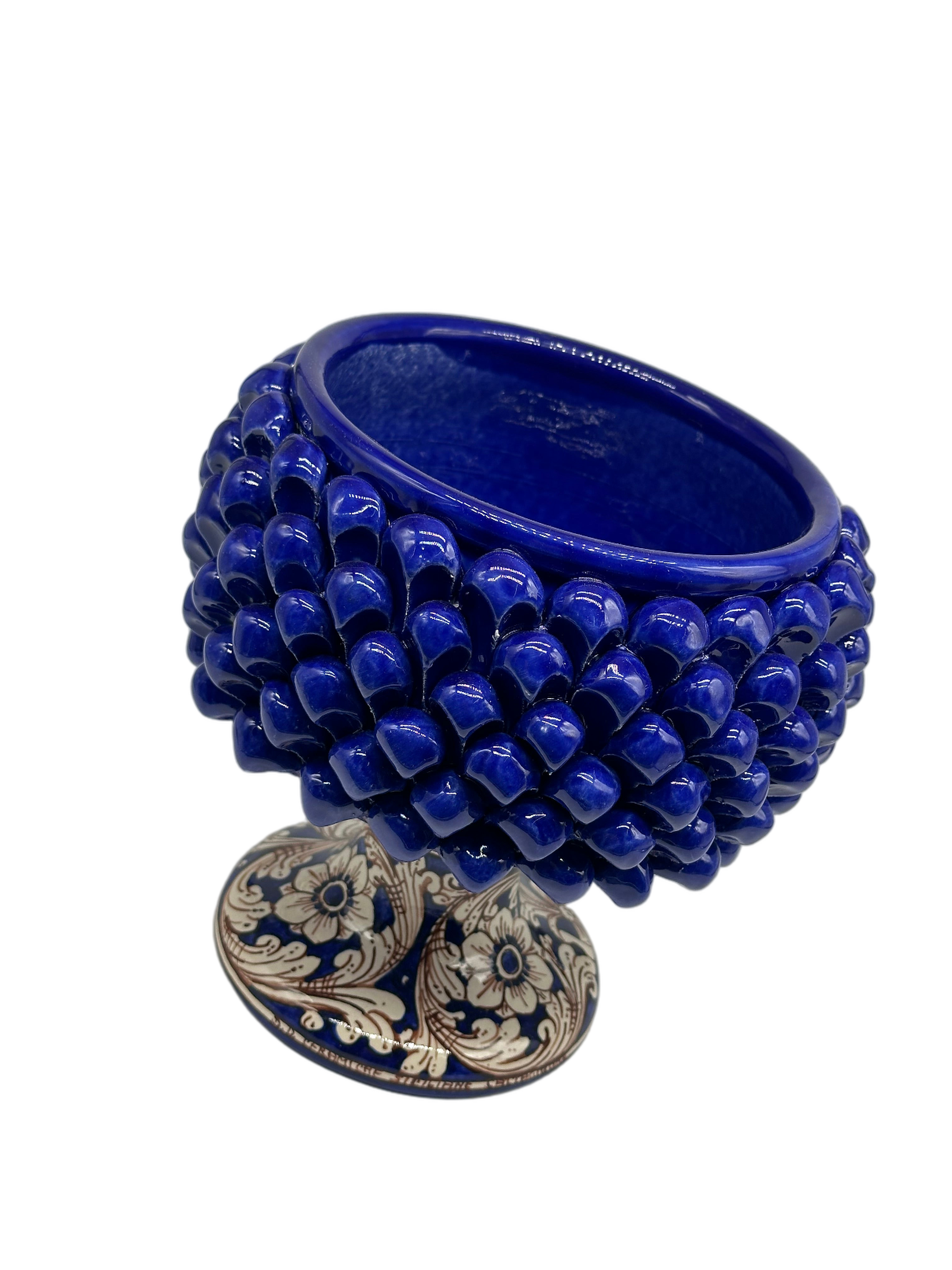 Portavaso Mezza Pigna Ceramica Caltagirone cm H.20 L.20 Artigianale Blu Base Decorata - MEZZA PIGNA
