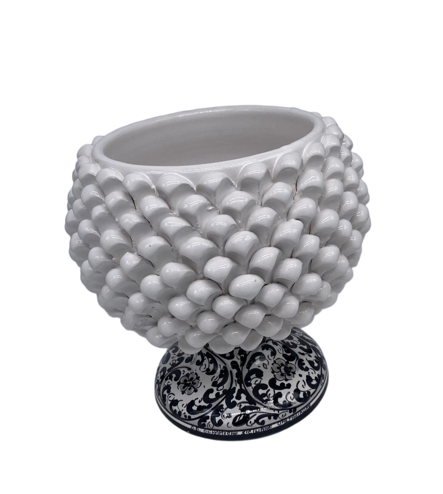Portavaso Mezza Pigna Ceramica Caltagirone cm H.20 L.20 Artigianale Bianco Base Decorata DD CERAMICHE SICILIANE