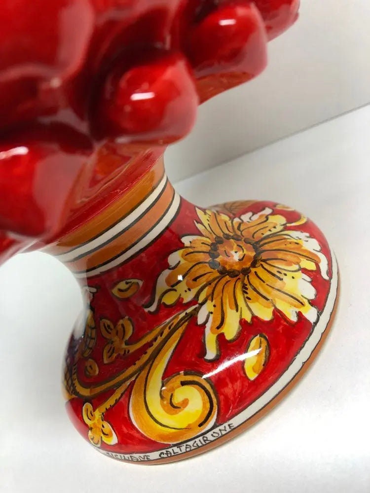 Portavaso Mezza Pigna Ceramica Caltagirone cm H.20 L.20 Artigianale Rosso Base Decorata Giglio DD CERAMICHE SICILIANE