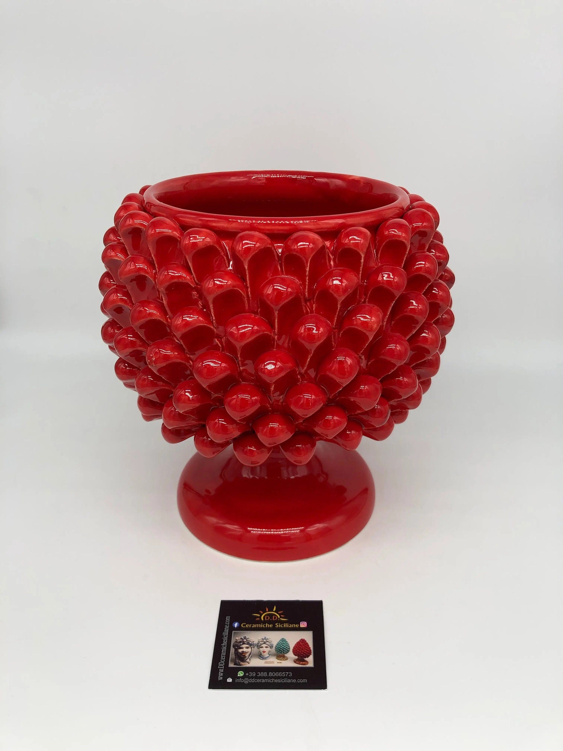 Portavaso Mezza Pigna Ceramica Caltagirone cm H.20 L.20 Artigianale Rosso DD CERAMICHE SICILIANE