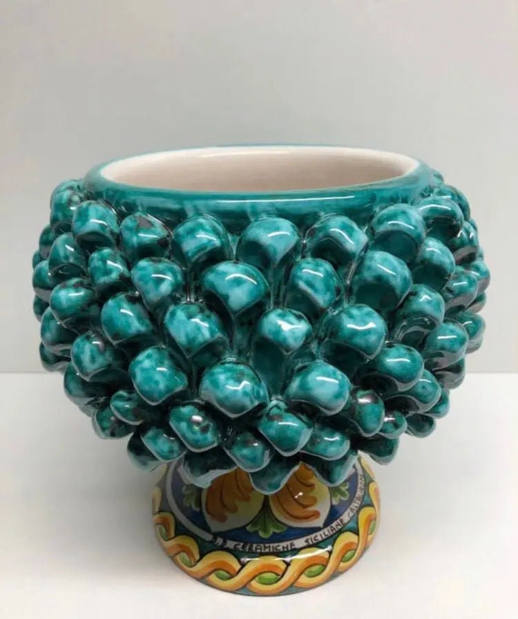Portavaso Mezza Pigna Ceramica Caltagirone cm H.20 L.20 Artigianale Verde Acqua Base Decorata DD CERAMICHE SICILIANE