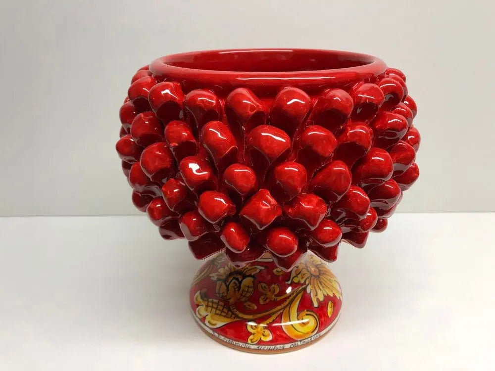 Portavaso Mezza Pigna Ceramica Caltagirone cm H.20 L.20 Artigianale Rosso Base Decorata Giglio DD CERAMICHE SICILIANE