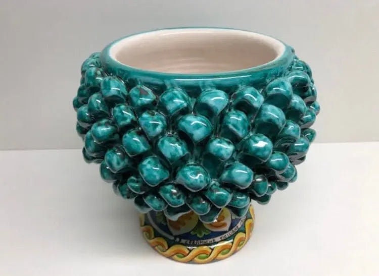 Portavaso Mezza Pigna Ceramica Caltagirone cm H.20 L.20 Artigianale Verde Acqua Base Decorata DD CERAMICHE SICILIANE