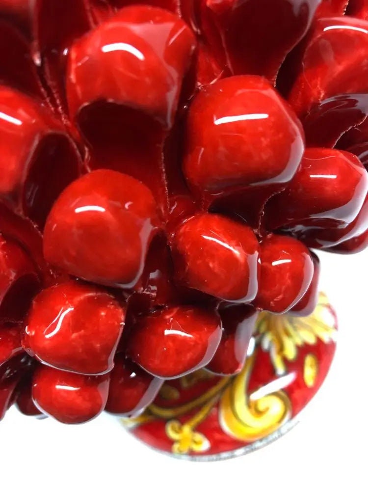 Portavaso Mezza Pigna Ceramica Caltagirone cm H.20 L.20 Artigianale Rosso Base Decorata Giglio DD CERAMICHE SICILIANE