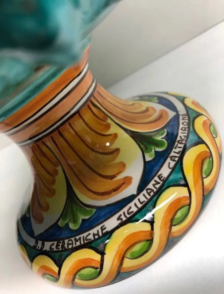 Portavaso Mezza Pigna Ceramica Caltagirone cm H.20 L.20 Artigianale Verde Acqua Base Decorata DD CERAMICHE SICILIANE