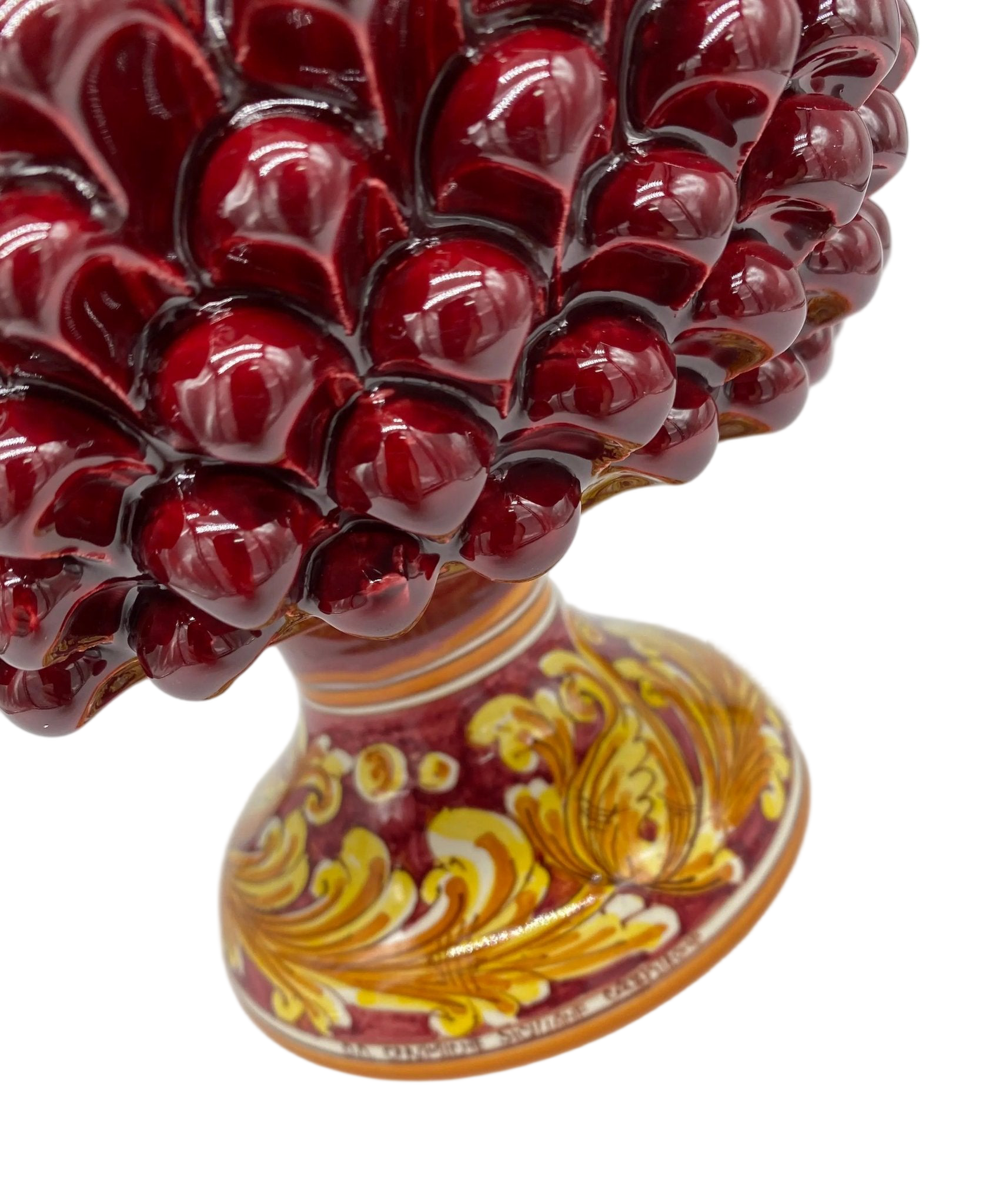 Portavaso Mezza Pigna Ceramica Caltagirone cm H.20 L.20 Artigianale Bordeaux Lucido Base Decorata DD CERAMICHE SICILIANE