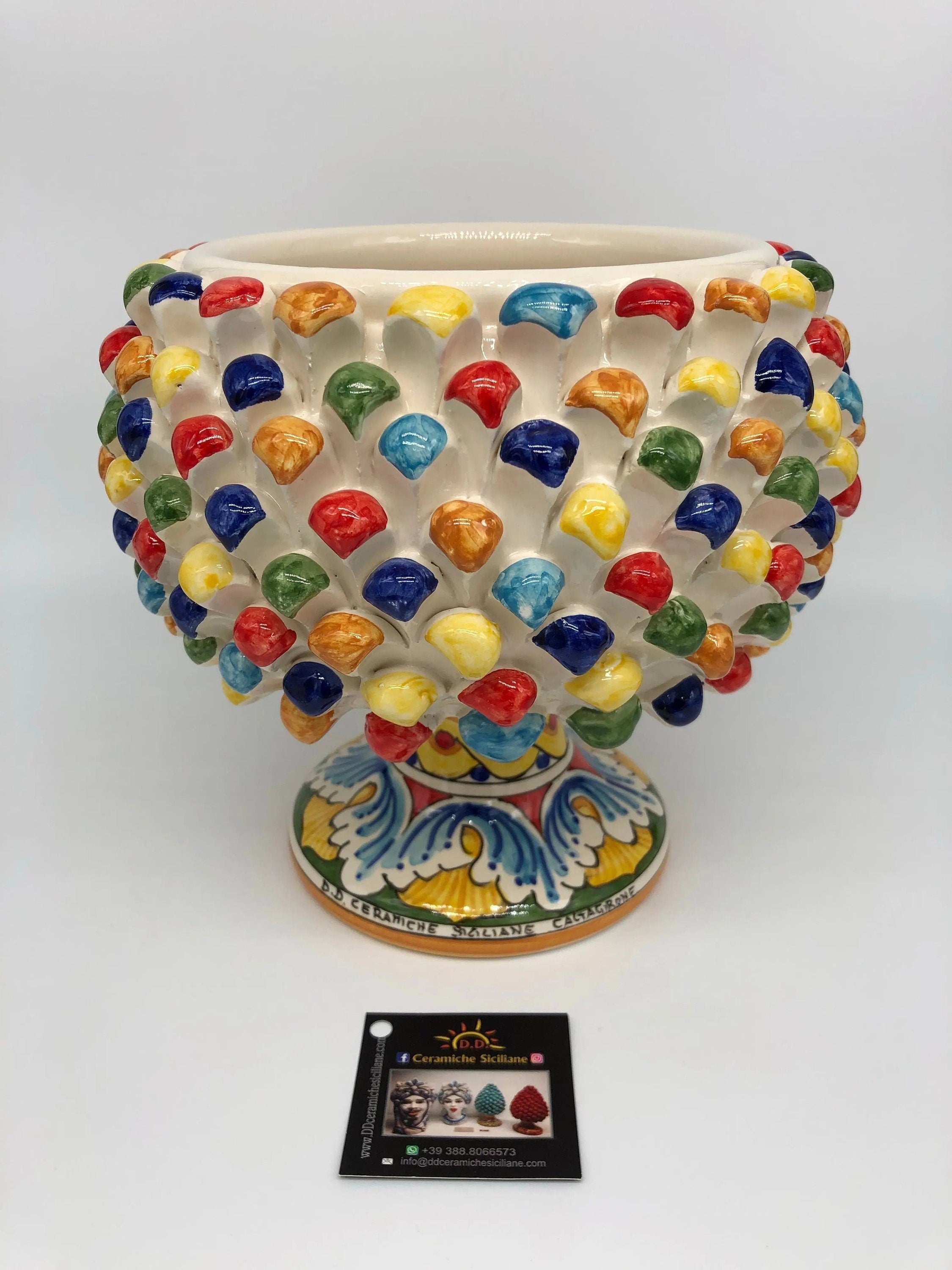Portavaso Mezza Pigna Ceramica Caltagirone cm H.20 L.20 Artigianale Multicolore DD CERAMICHE SICILIANE
