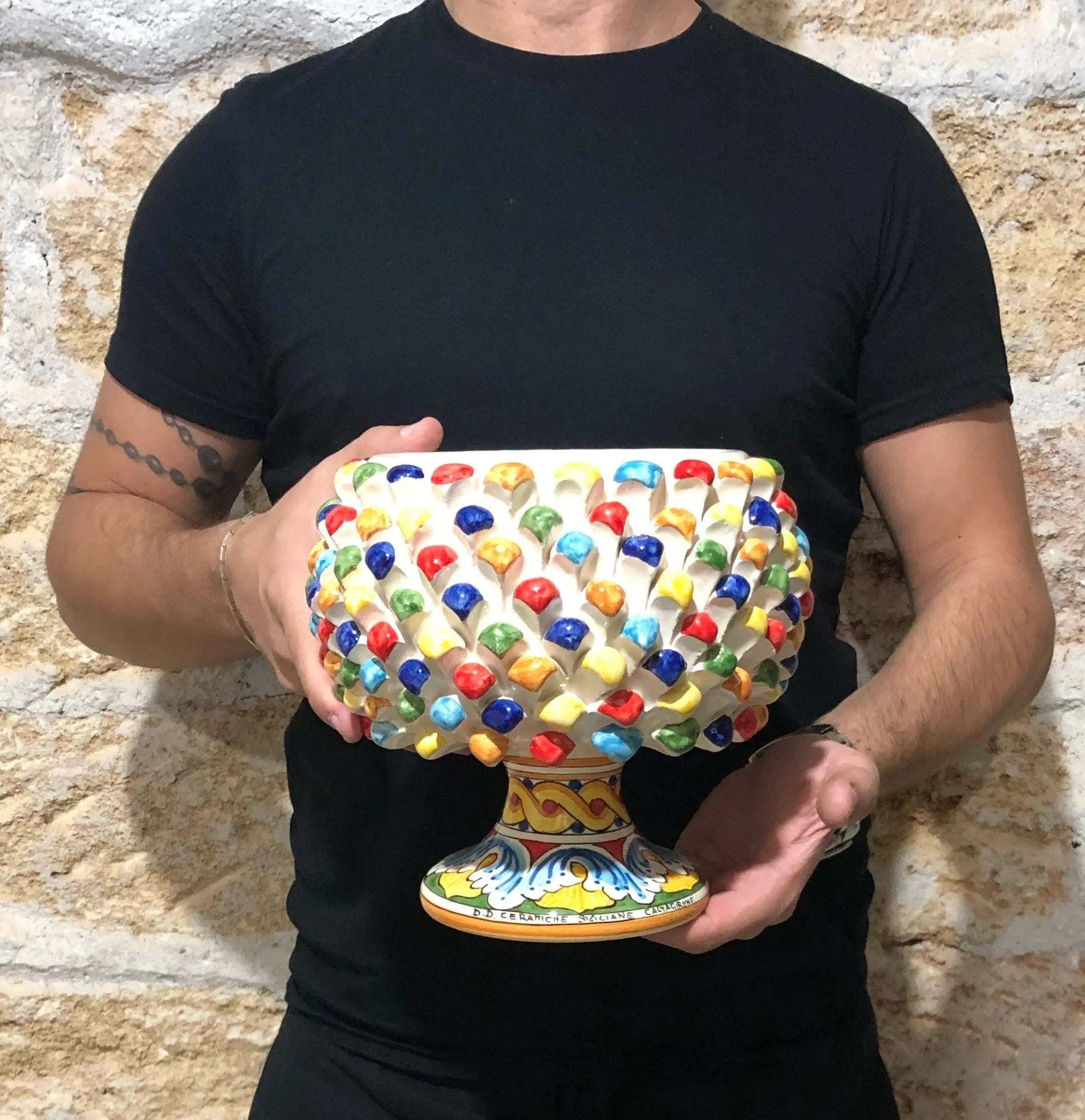 Portavaso Mezza Pigna Ceramica Caltagirone cm H.20 L.20 Artigianale Multicolore DD CERAMICHE SICILIANE